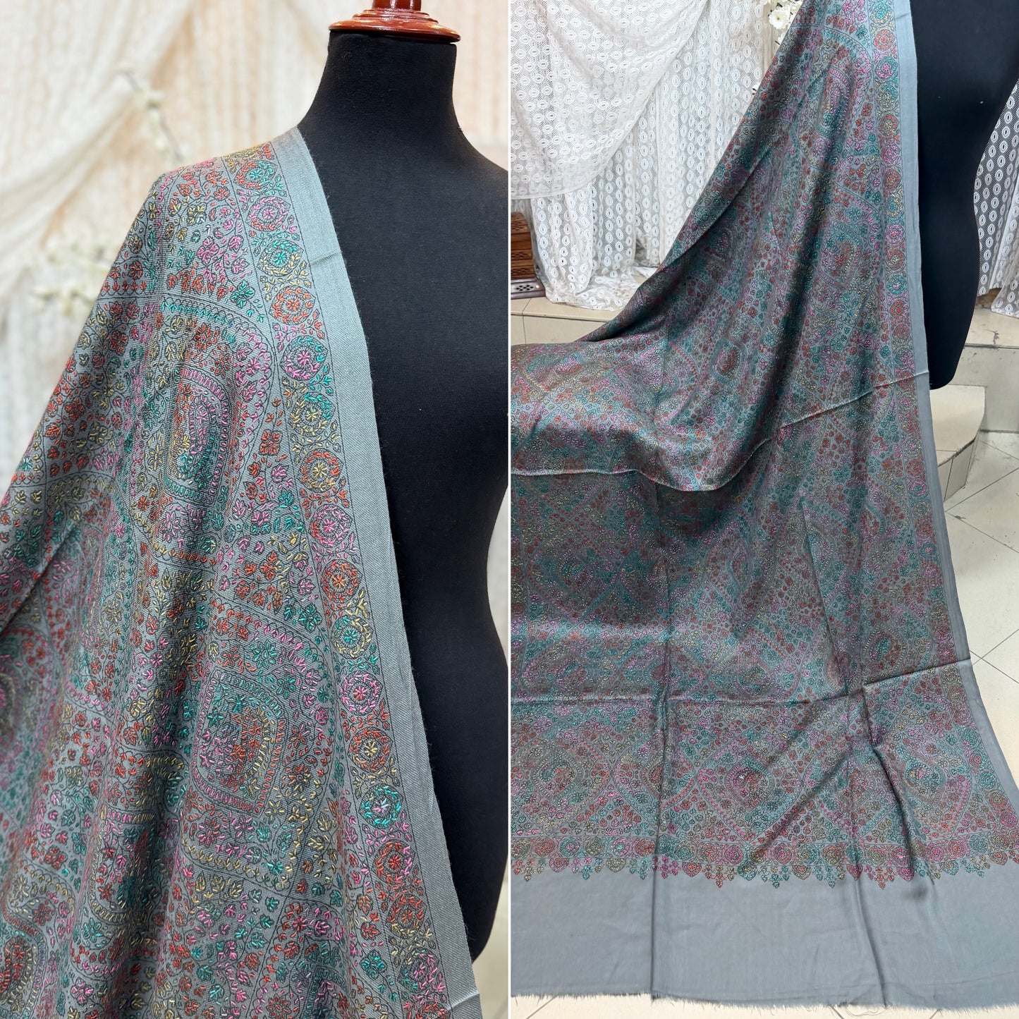 Special Pashmina Shawl | Hand Embroidery on Print Beautiful Jaal Shawl | Grey