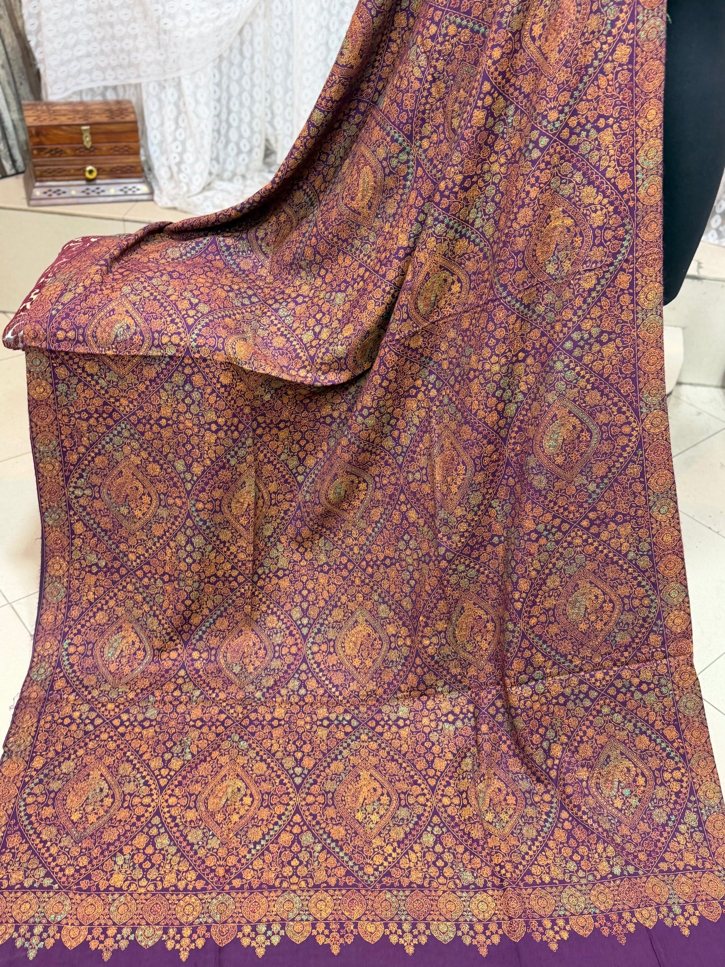 Special Pashmina Shawl | Hand Embroidery on Print Beautiful Jaal Shawl | Purple