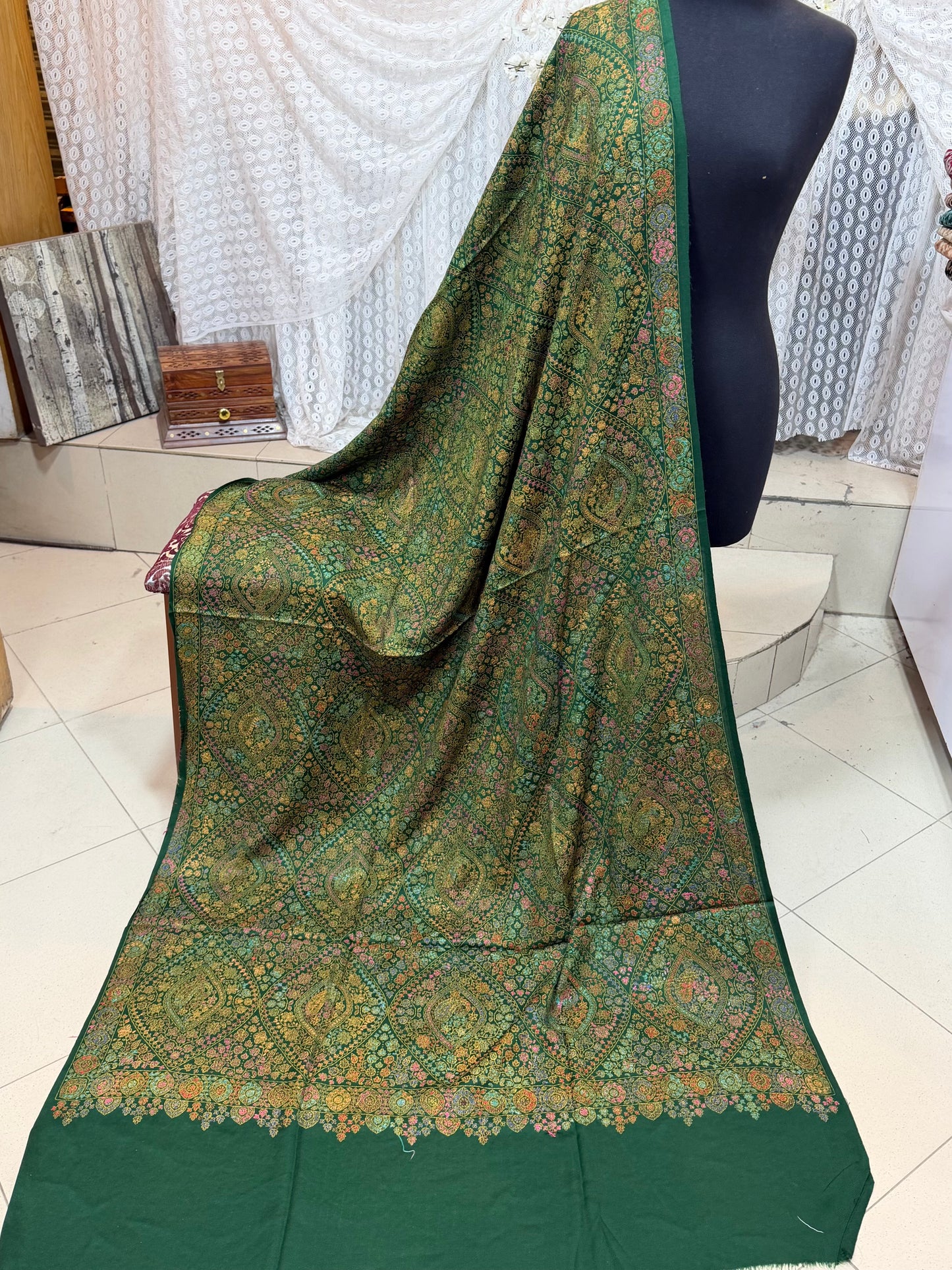 Special Pashmina Shawl | Hand Embroidery on Print Beautiful Jaal Shawl | Dark Green