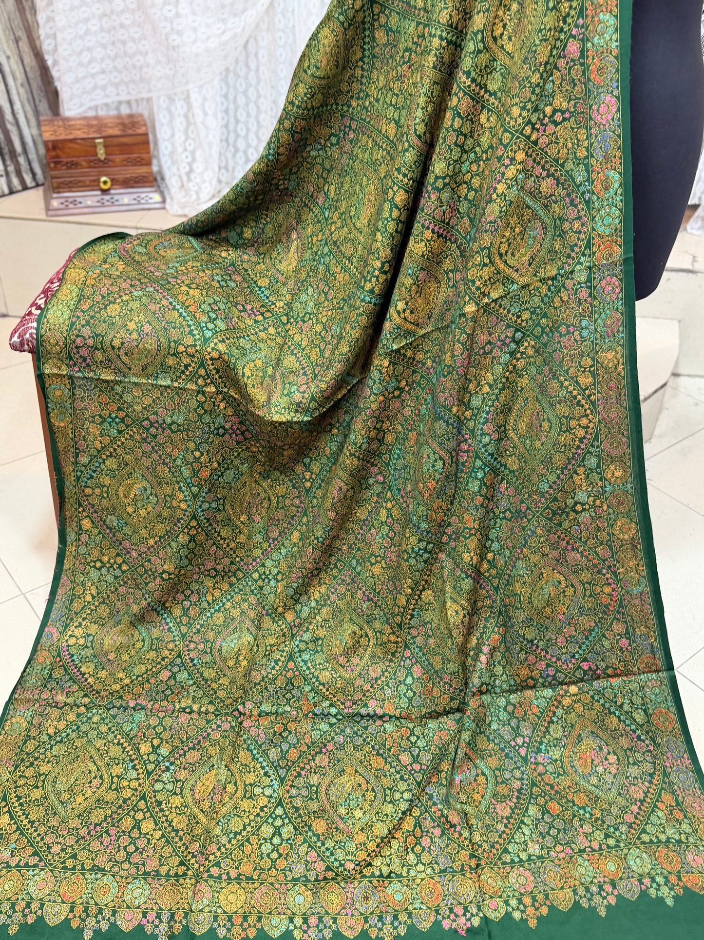 Special Pashmina Shawl | Hand Embroidery on Print Beautiful Jaal Shawl | Dark Green