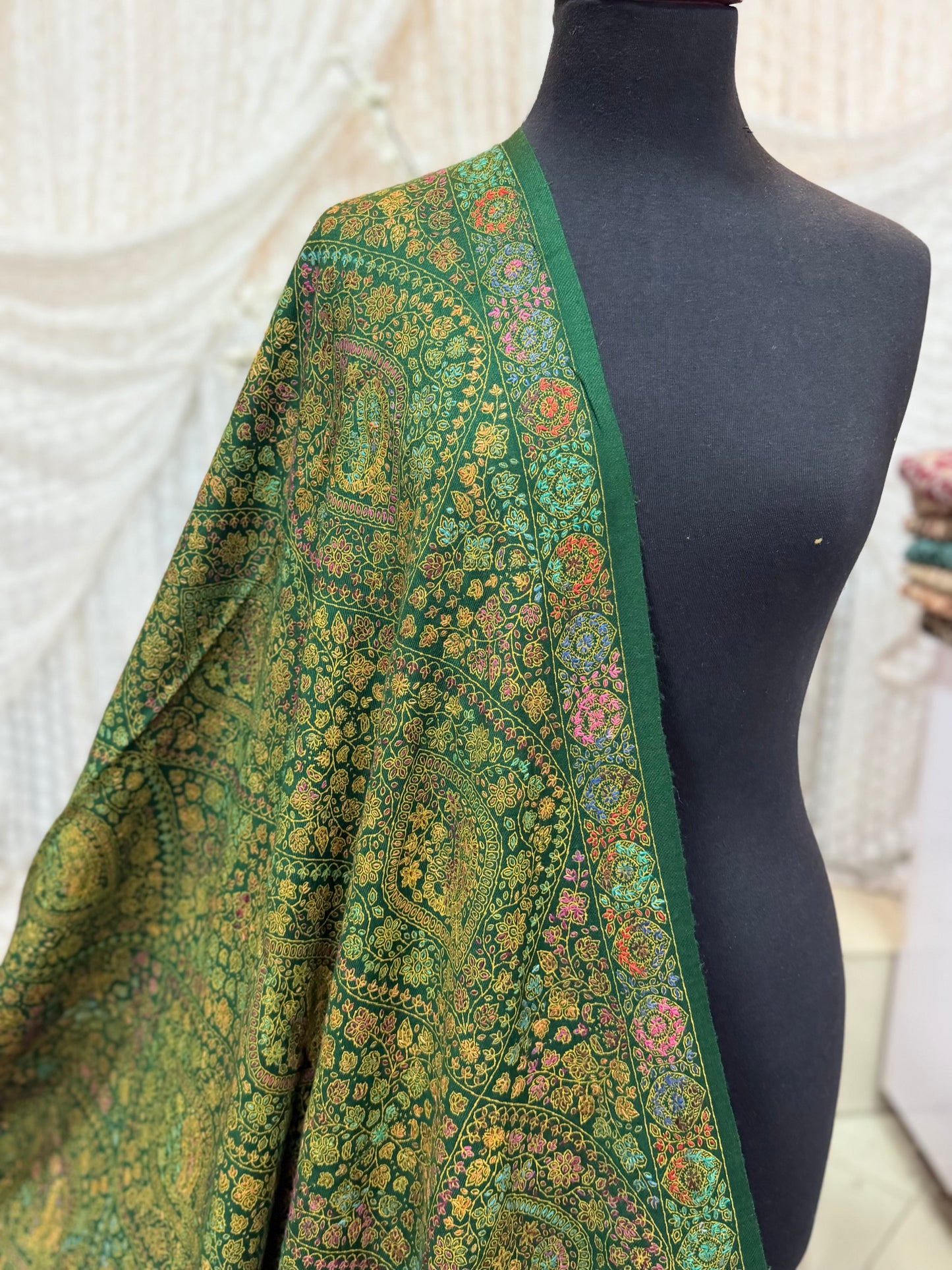 Special Pashmina Shawl | Hand Embroidery on Print Beautiful Jaal Shawl | Dark Green