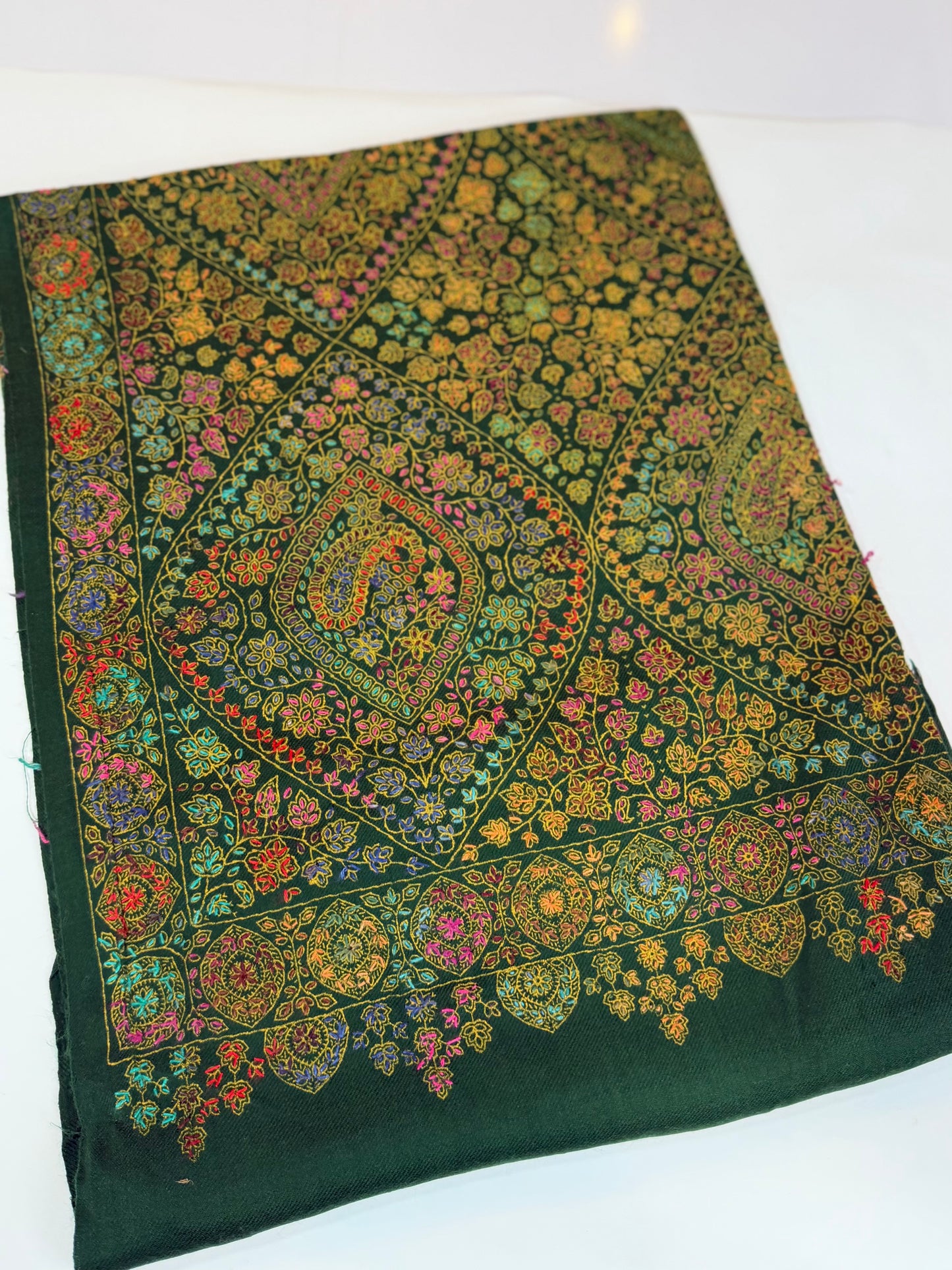 Special Pashmina Shawl | Hand Embroidery on Print Beautiful Jaal Shawl | Dark Green