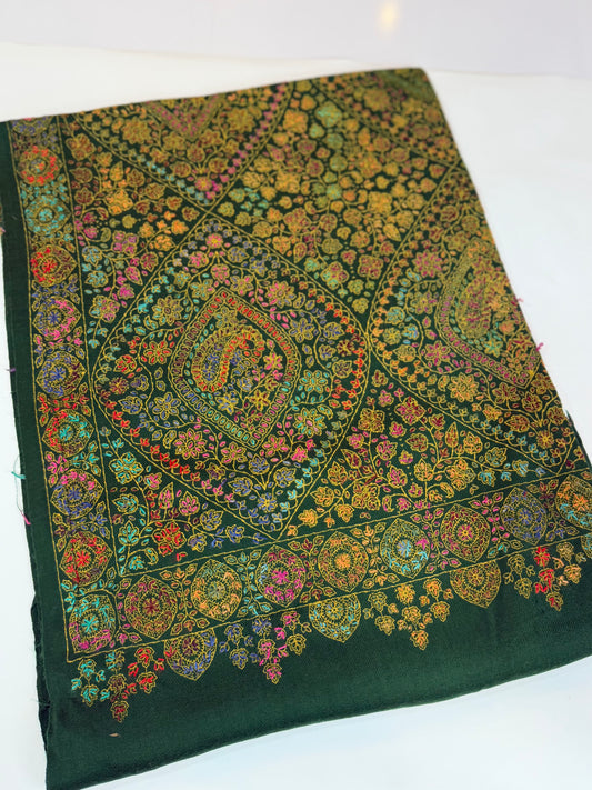 Special Pashmina Shawl | Hand Embroidery on Print Beautiful Jaal Shawl | Dark Green