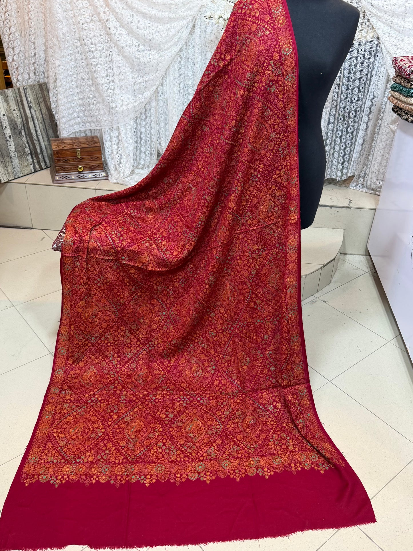 Special Pashmina Shawl | Hand Embroidery on Print Beautiful Jaal Shawl | Maroon