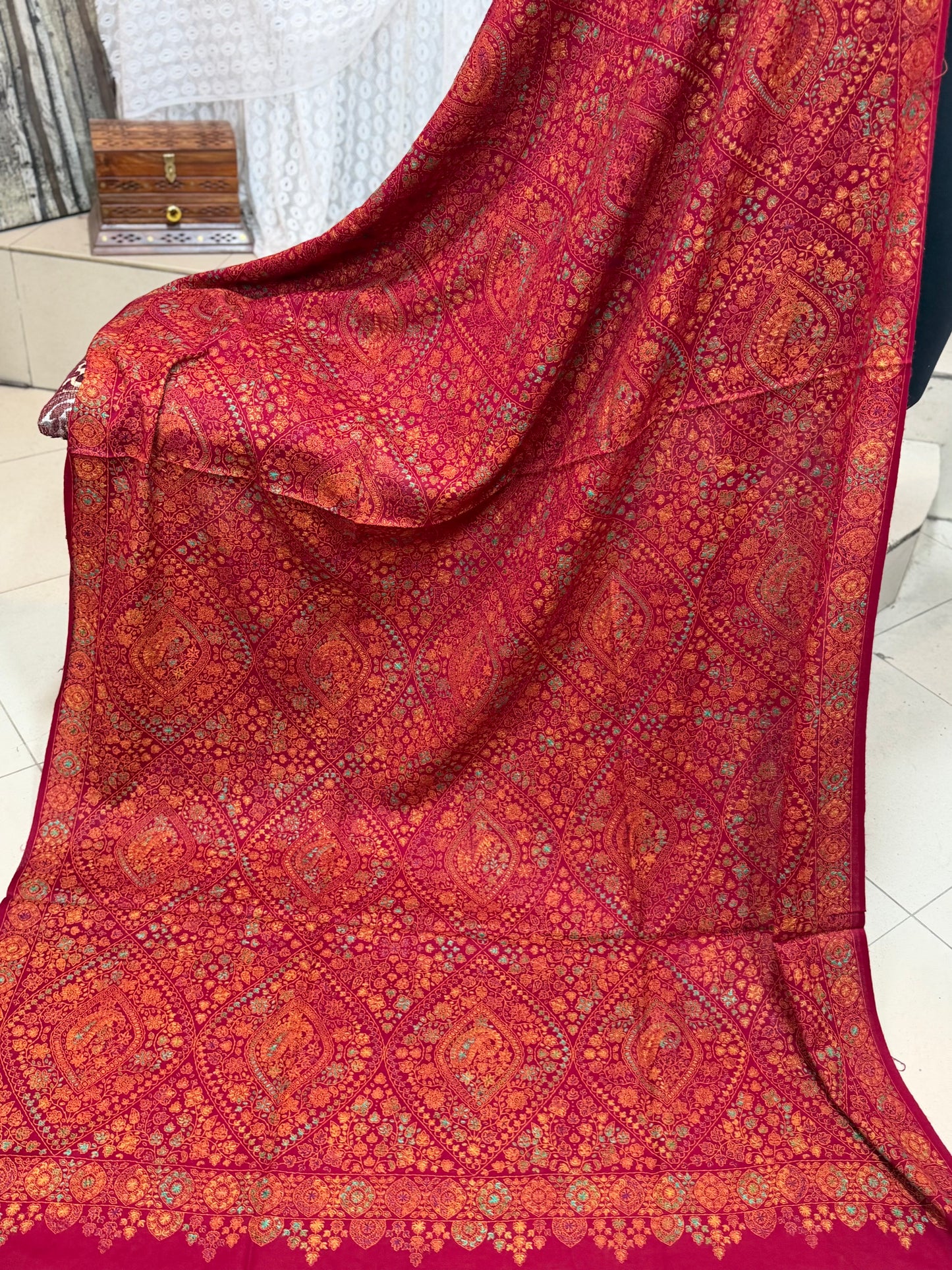 Special Pashmina Shawl | Hand Embroidery on Print Beautiful Jaal Shawl | Maroon