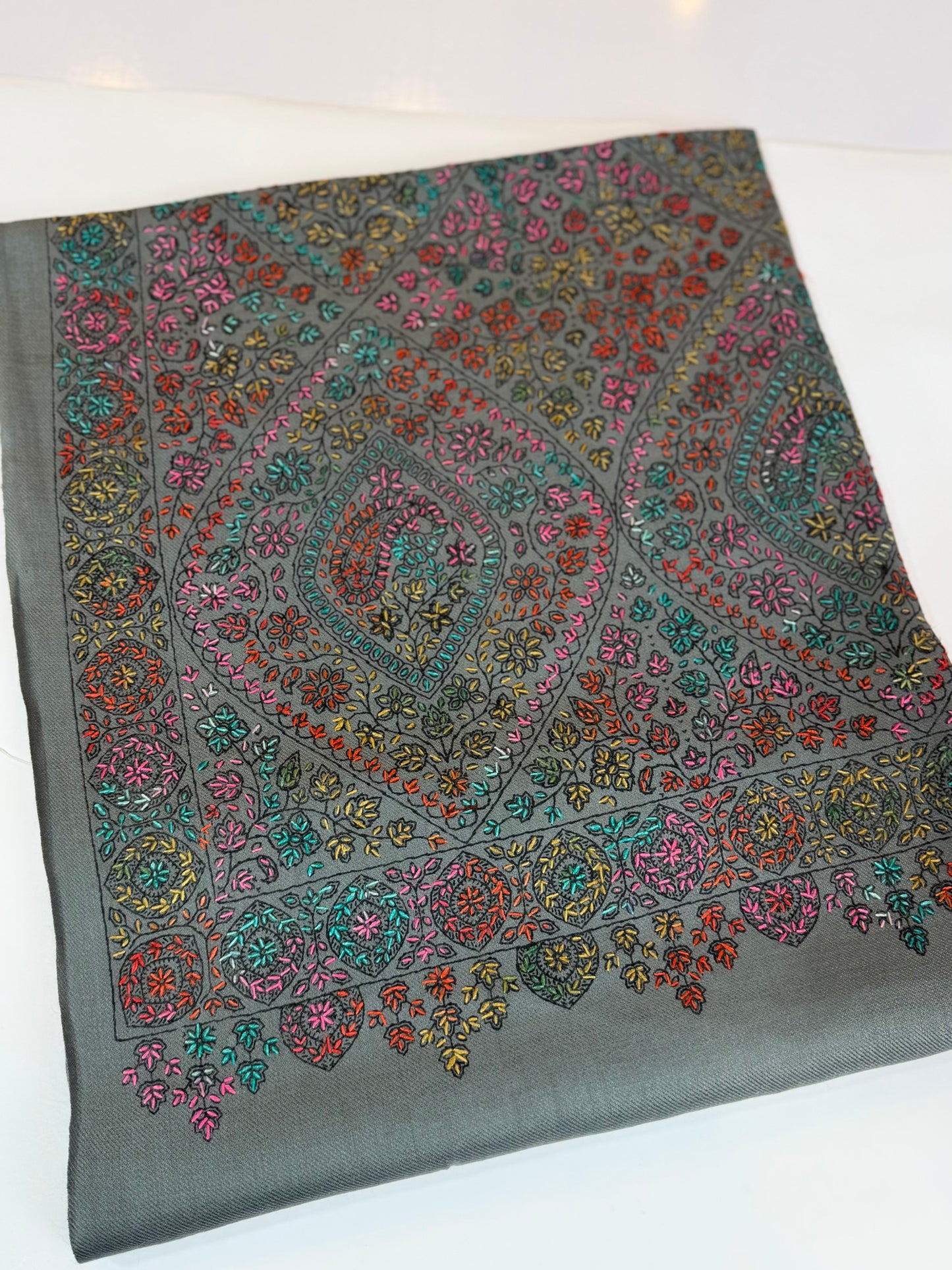 Special Pashmina Shawl | Hand Embroidery on Print Beautiful Jaal Shawl | Grey