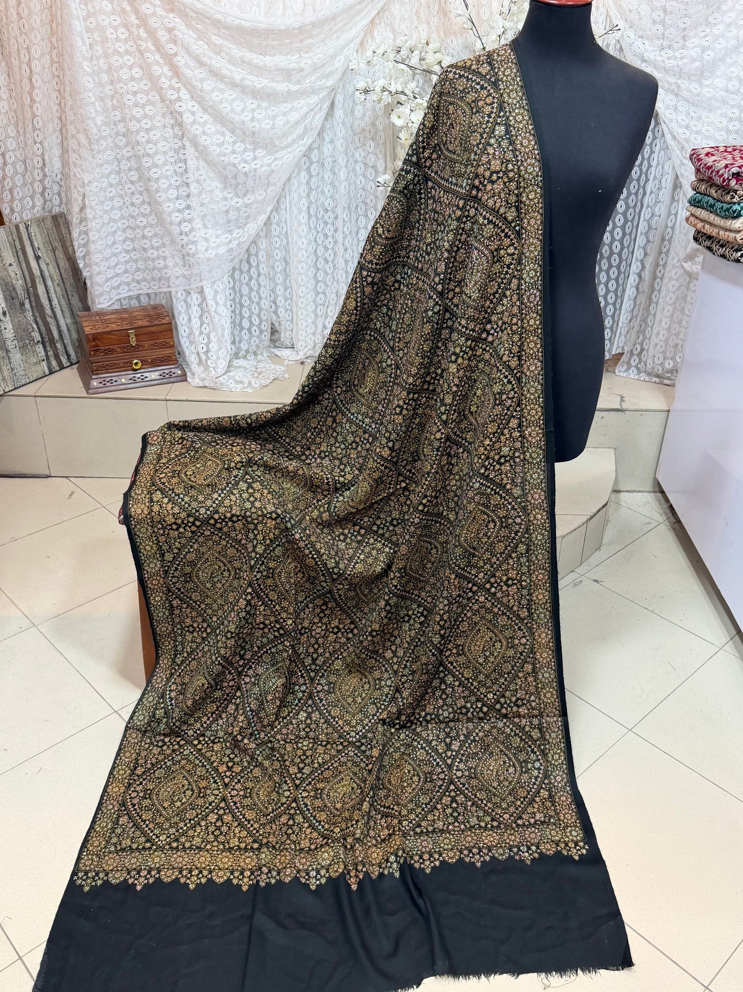 Special Pashmina Shawl | Hand Embroidery on Print Beautiful Jaal Shawl | Black