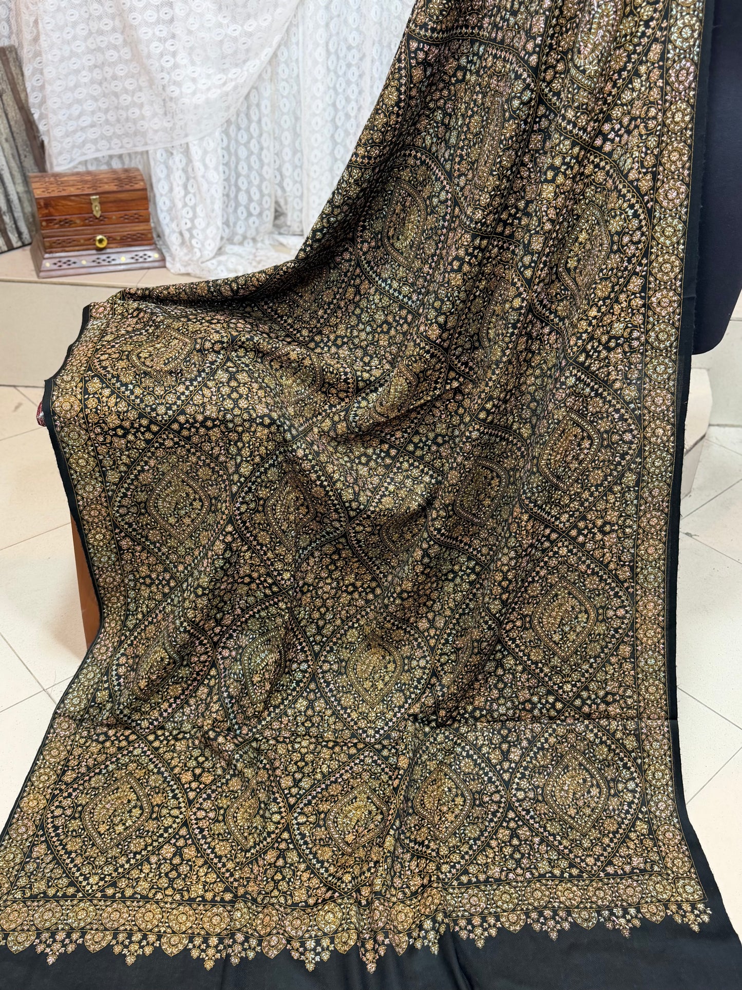 Special Pashmina Shawl | Hand Embroidery on Print Beautiful Jaal Shawl | Black
