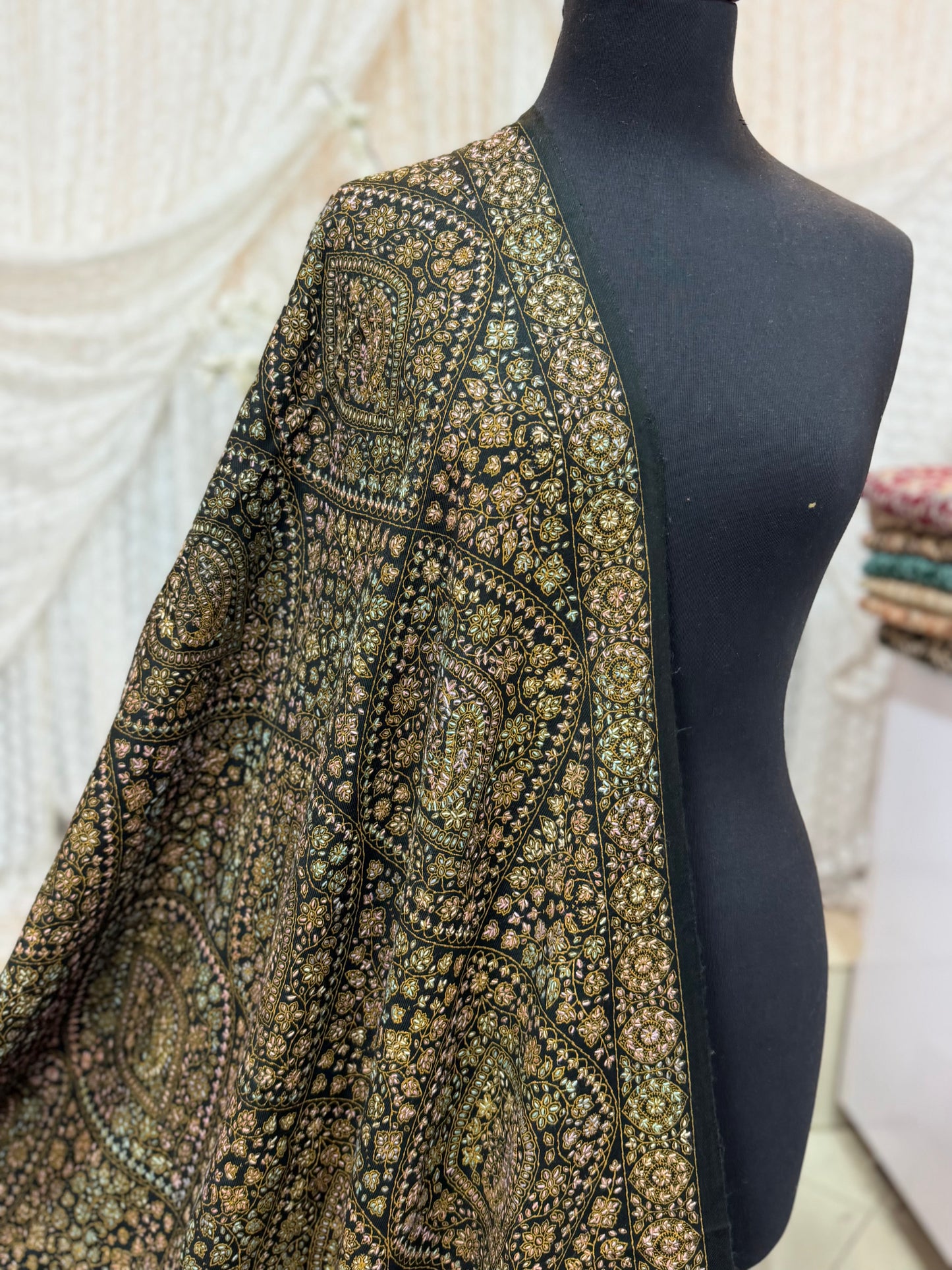 Special Pashmina Shawl | Hand Embroidery on Print Beautiful Jaal Shawl | Black