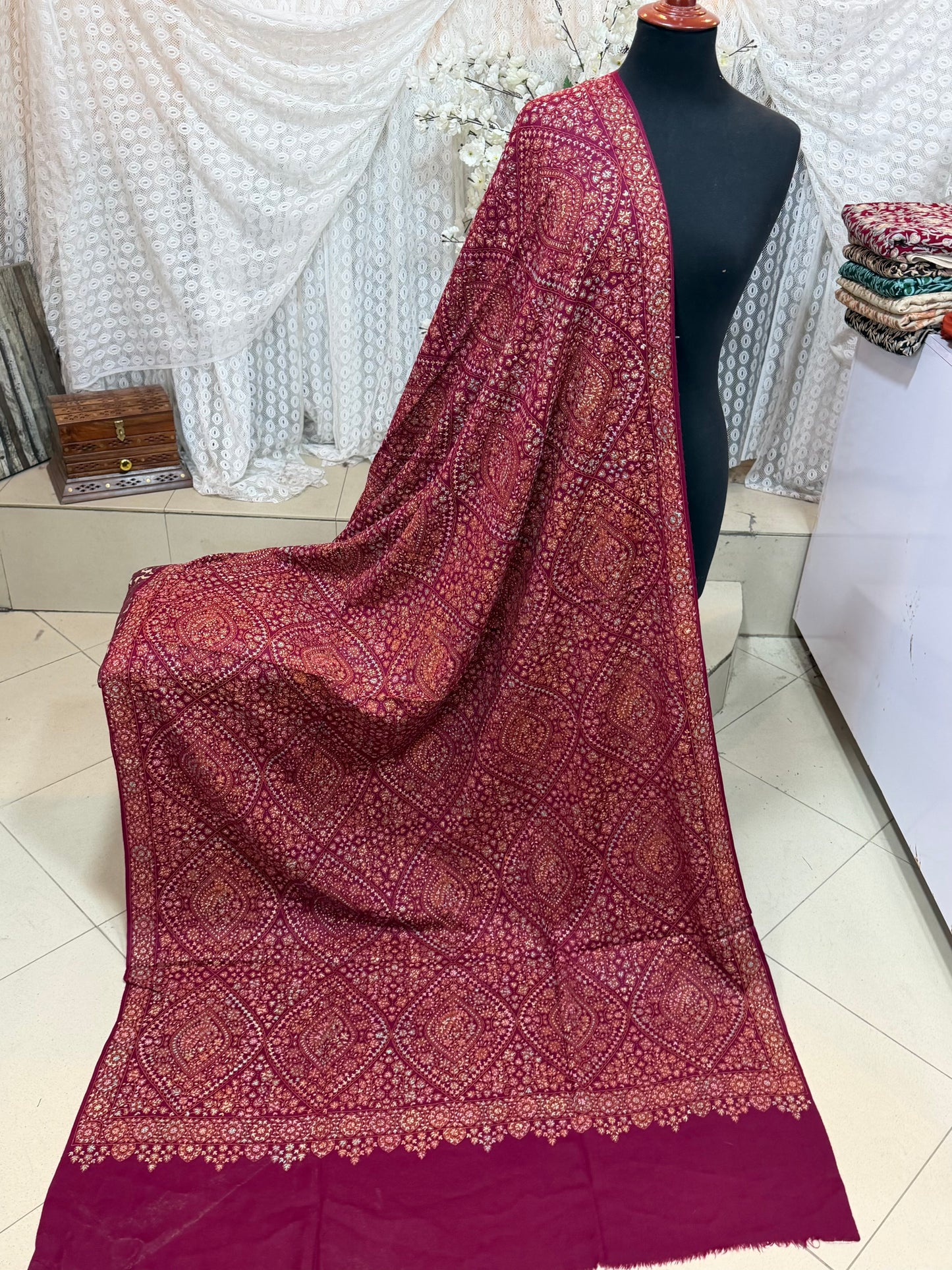Special Pashmina Shawl | Hand Embroidery on Print Beautiful Jaal Shawl | Magenta