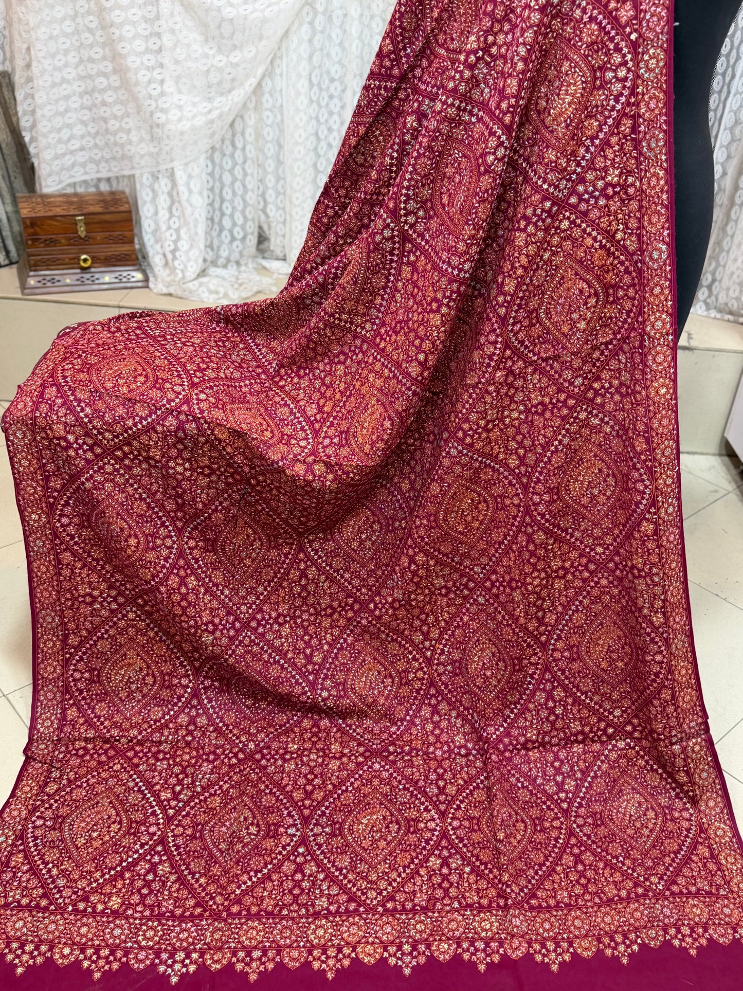 Special Pashmina Shawl | Hand Embroidery on Print Beautiful Jaal Shawl | Magenta