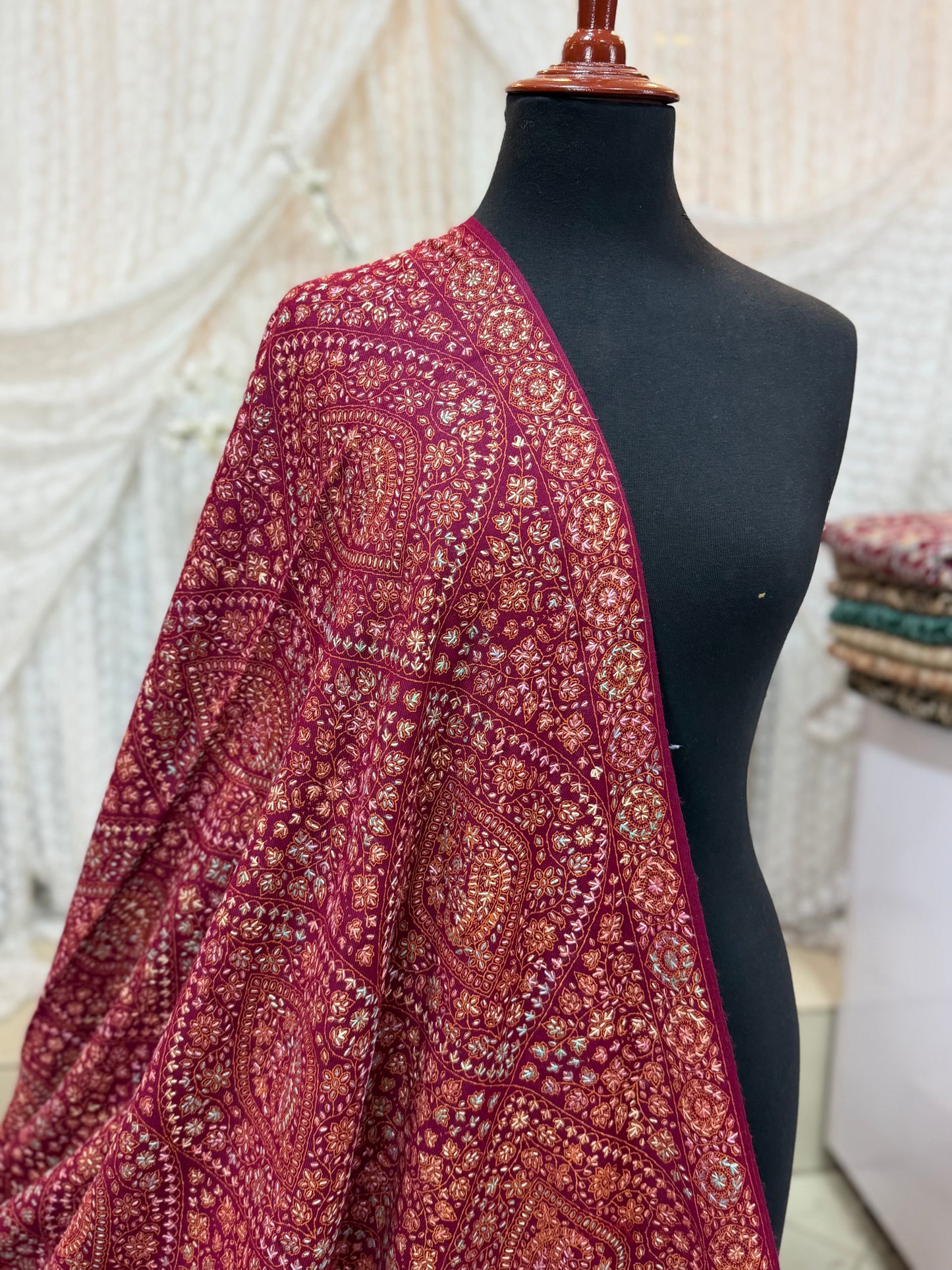 Special Pashmina Shawl | Hand Embroidery on Print Beautiful Jaal Shawl | Magenta