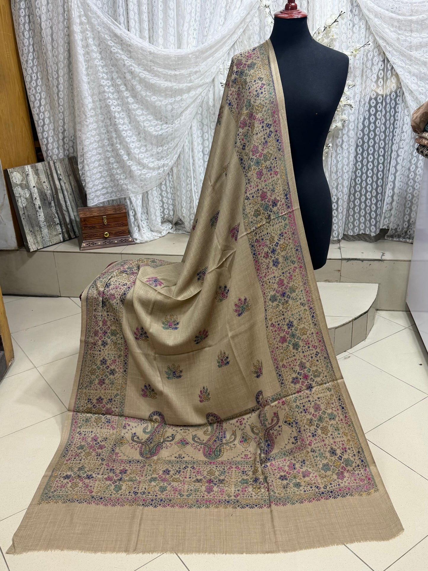 Pashmina Shawl | Hand Embroidery on Print Beautiful Shawl | Dark Skin