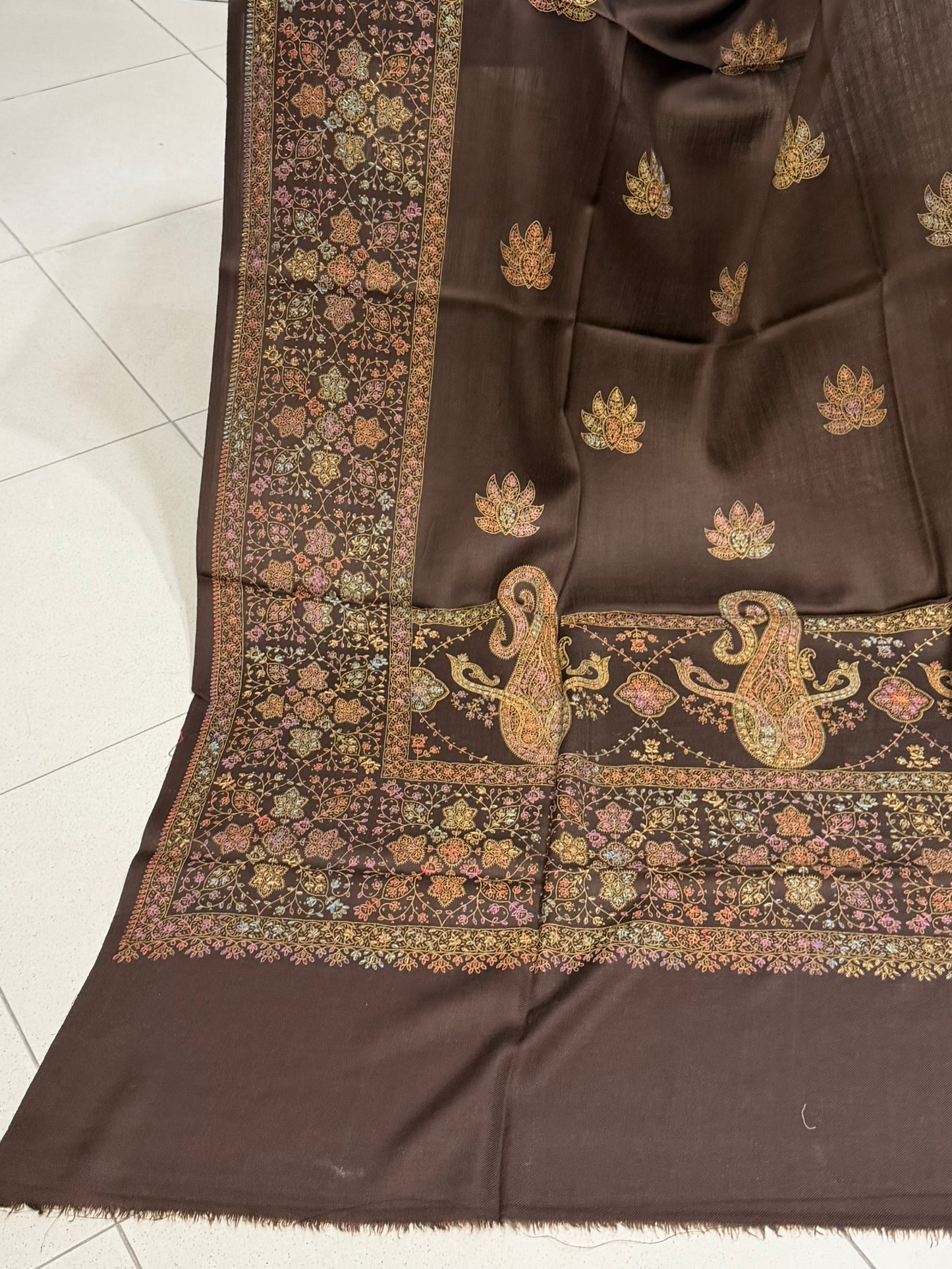 Pashmina Shawl | Hand Embroidery on Print Beautiful Shawl | Dark Brown