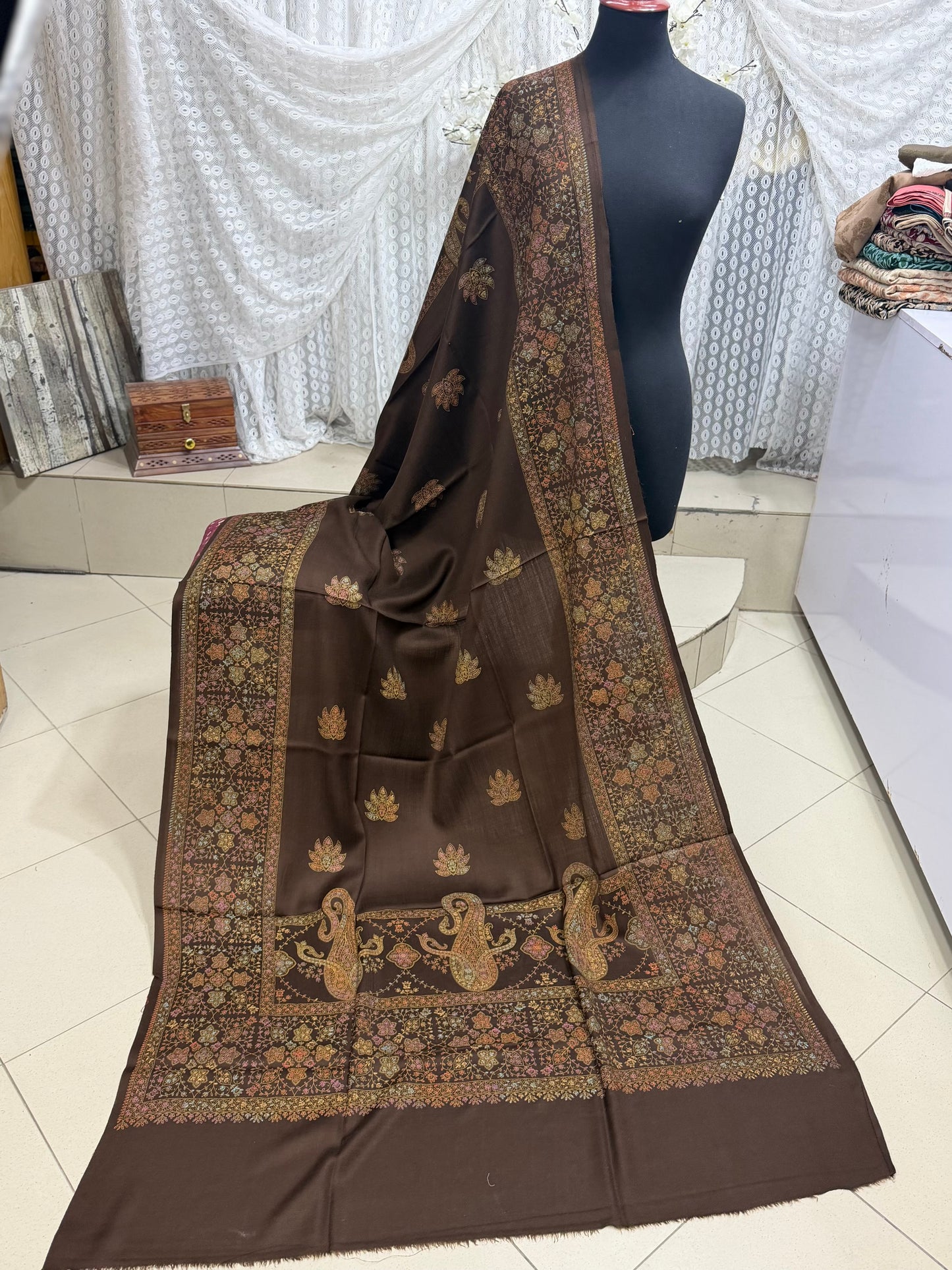 Pashmina Shawl | Hand Embroidery on Print Beautiful Shawl | Dark Brown