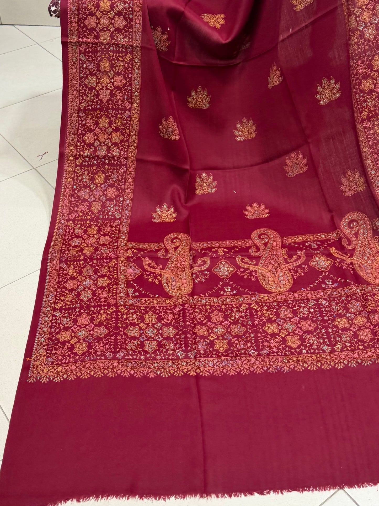 Pashmina Shawl | Hand Embroidery on Print Beautiful Shawl | Maroon