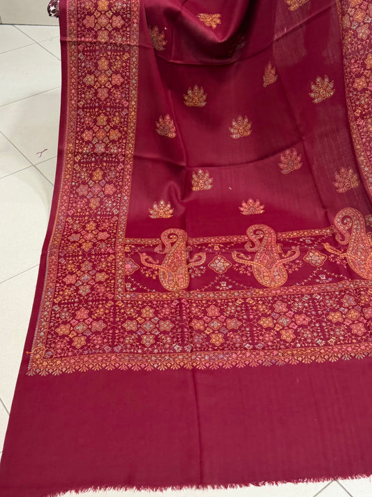 Pashmina Shawl | Hand Embroidery on Print Beautiful Shawl | Maroon