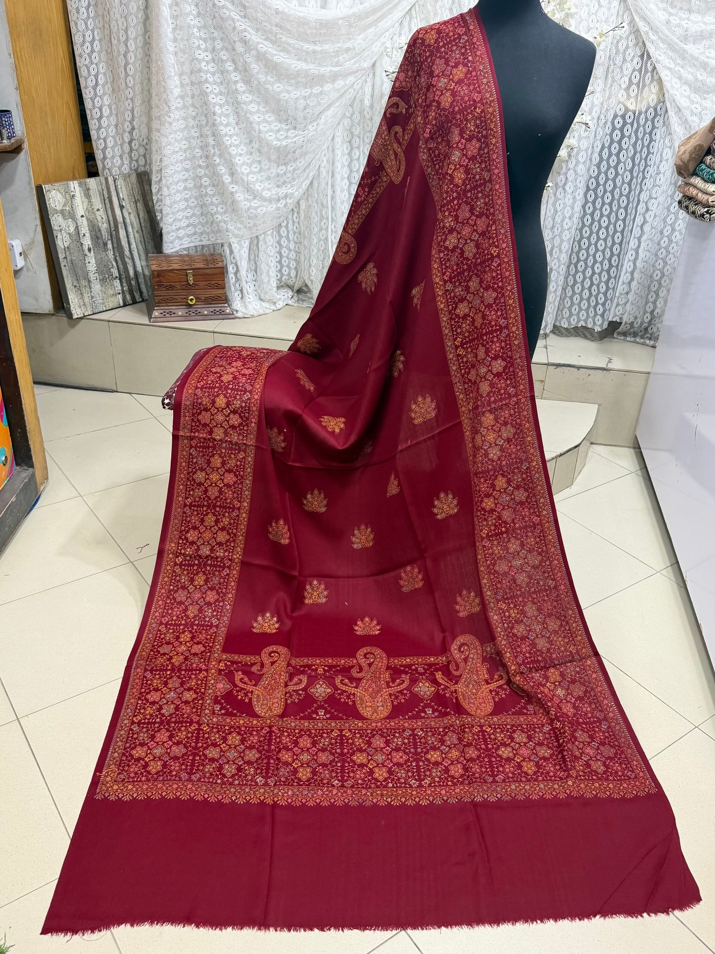 Pashmina Shawl | Hand Embroidery on Print Beautiful Shawl | Maroon