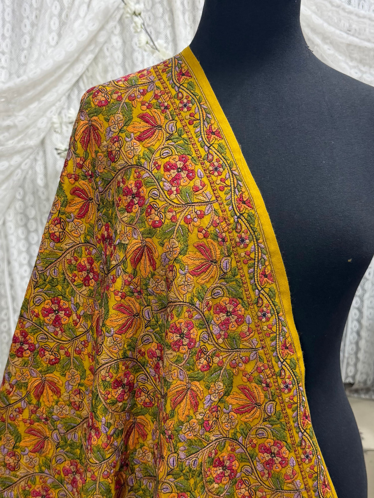 Full Embroidered Jama Jaal Pashmina Shawl | Mustard