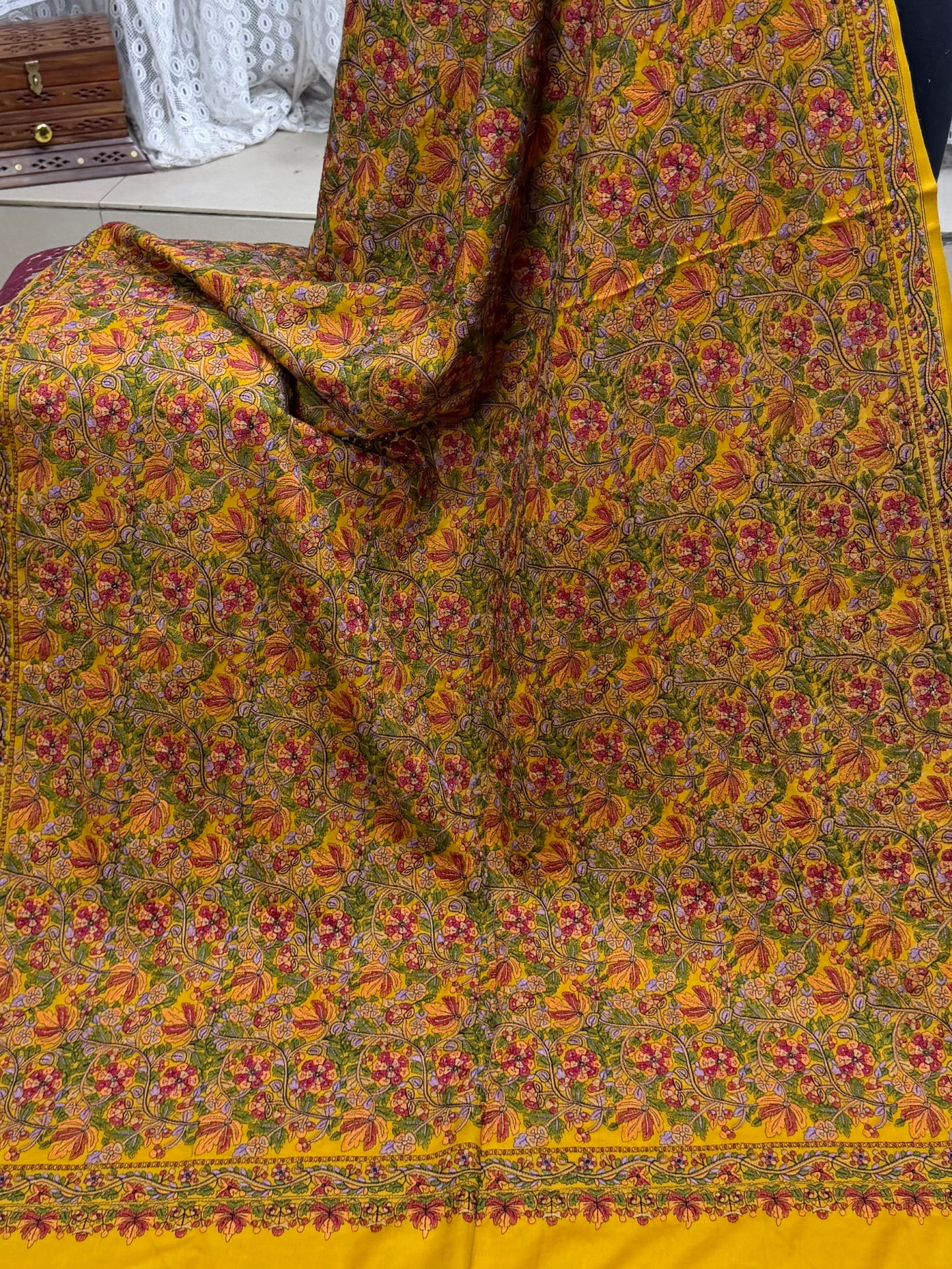 Full Embroidered Jama Jaal Pashmina Shawl | Mustard