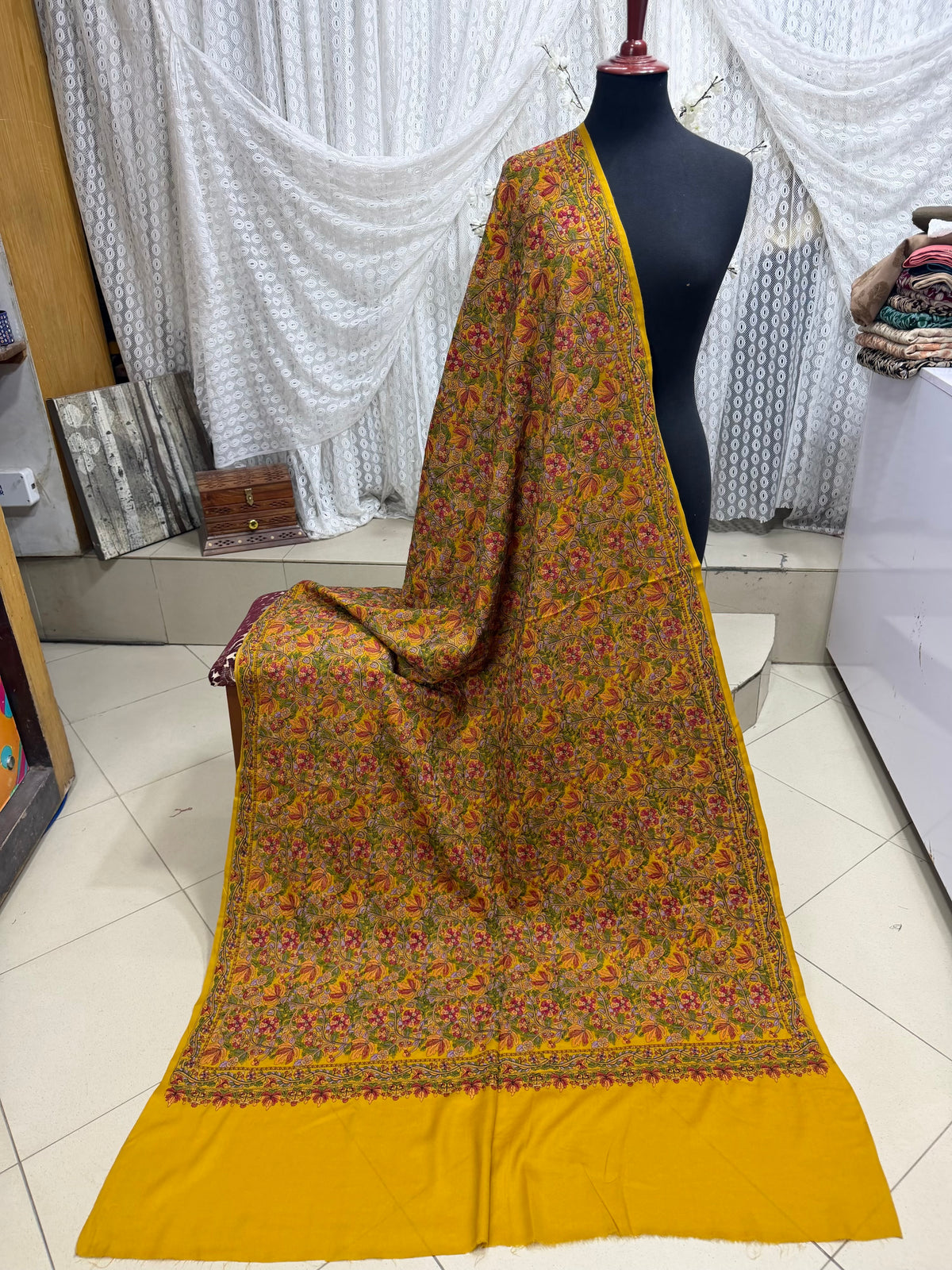 Full Embroidered Jama Jaal Pashmina Shawl | Mustard