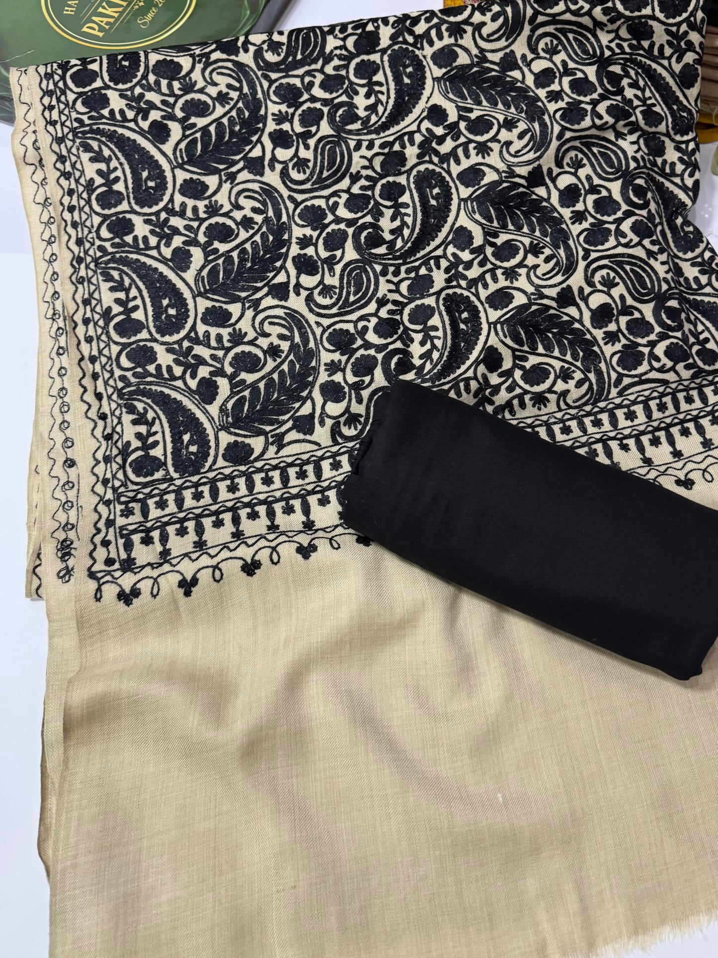 Pashmina 3 Piece Suit | Heavy Embroidered Shawl with Plain Suit Marina | Skin With Black