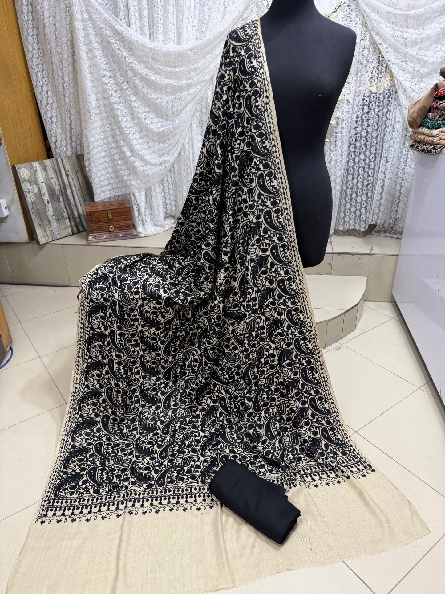 Pashmina 3 Piece Suit | Heavy Embroidered Shawl with Plain Suit Marina | Skin With Black