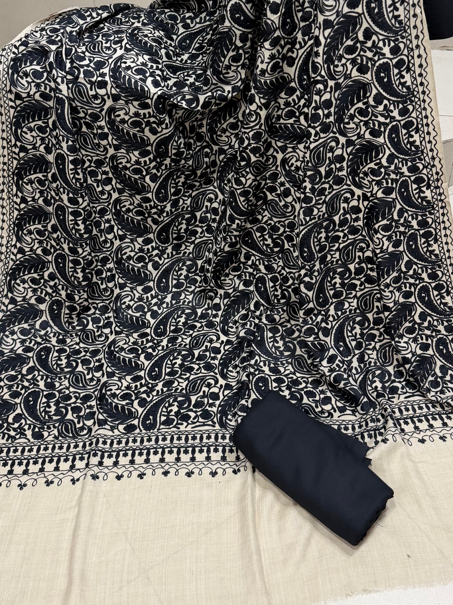 Pashmina 3 Piece Suit | Heavy Embroidered Shawl with Plain Suit Marina | Skin With Black