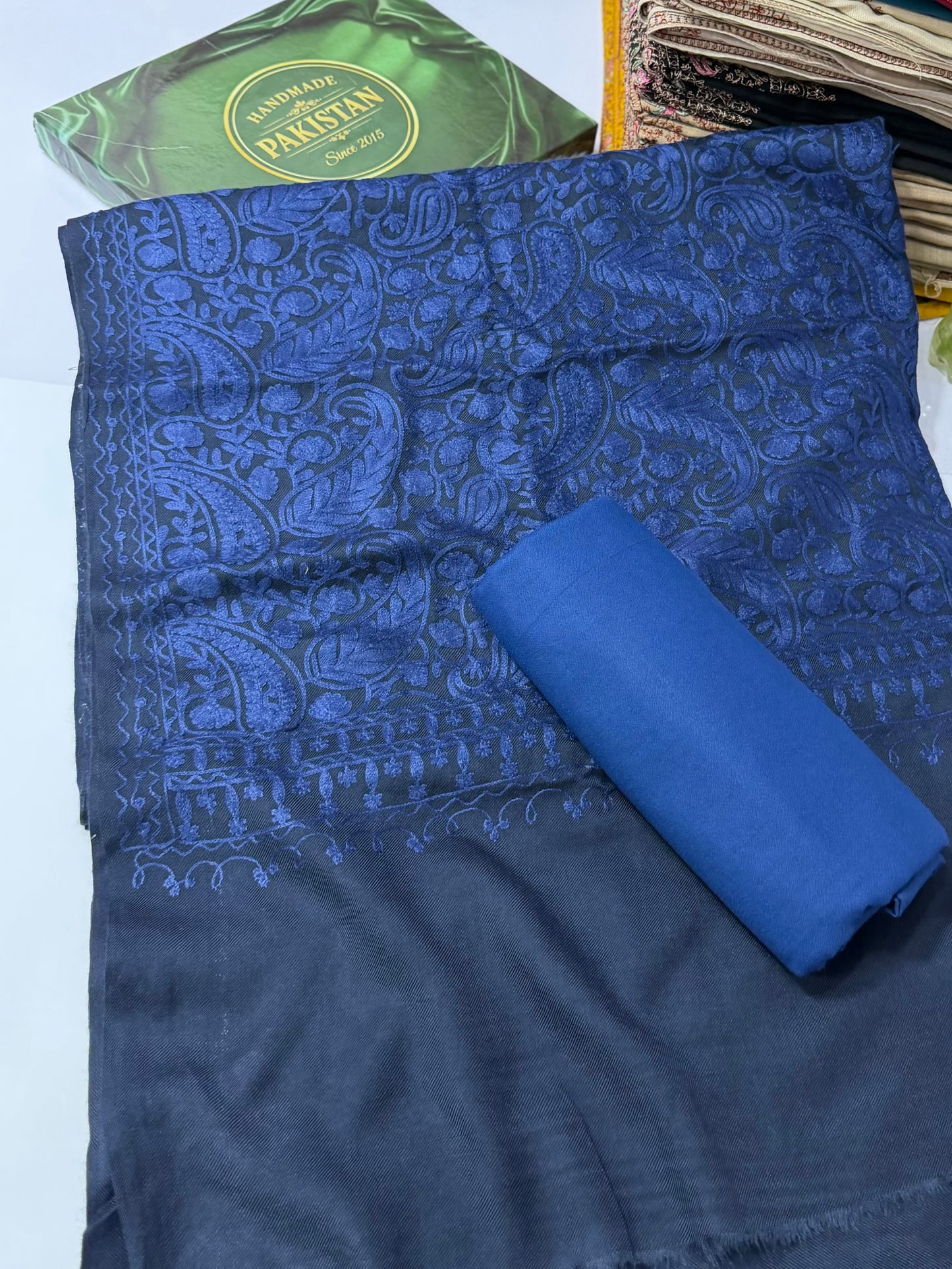 Pashmina 3 Piece Suit | Heavy Embroidered Shawl with Plain Suit Marina | Blue With Blue