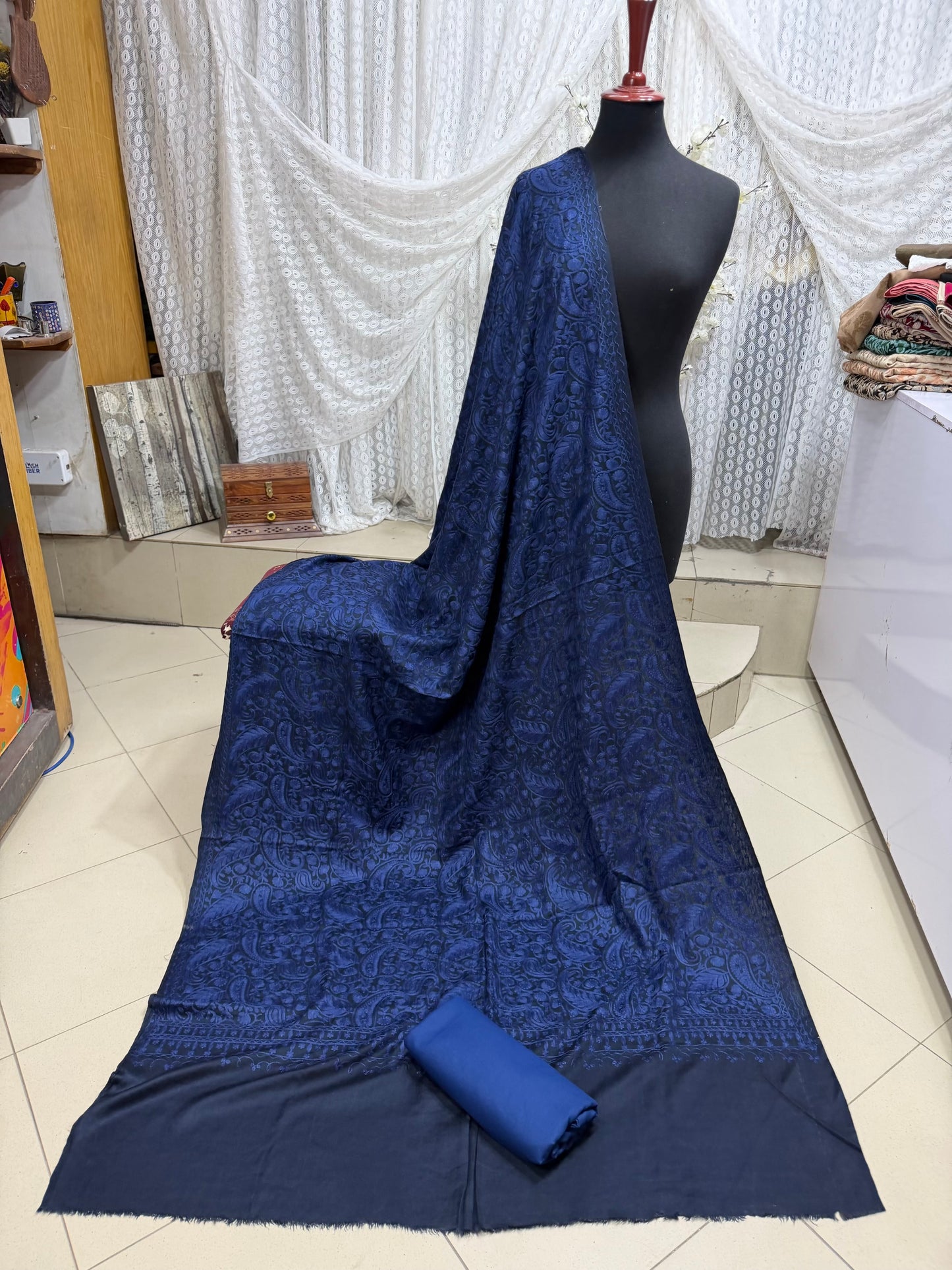 Pashmina 3 Piece Suit | Heavy Embroidered Shawl with Plain Suit Marina | Blue With Blue