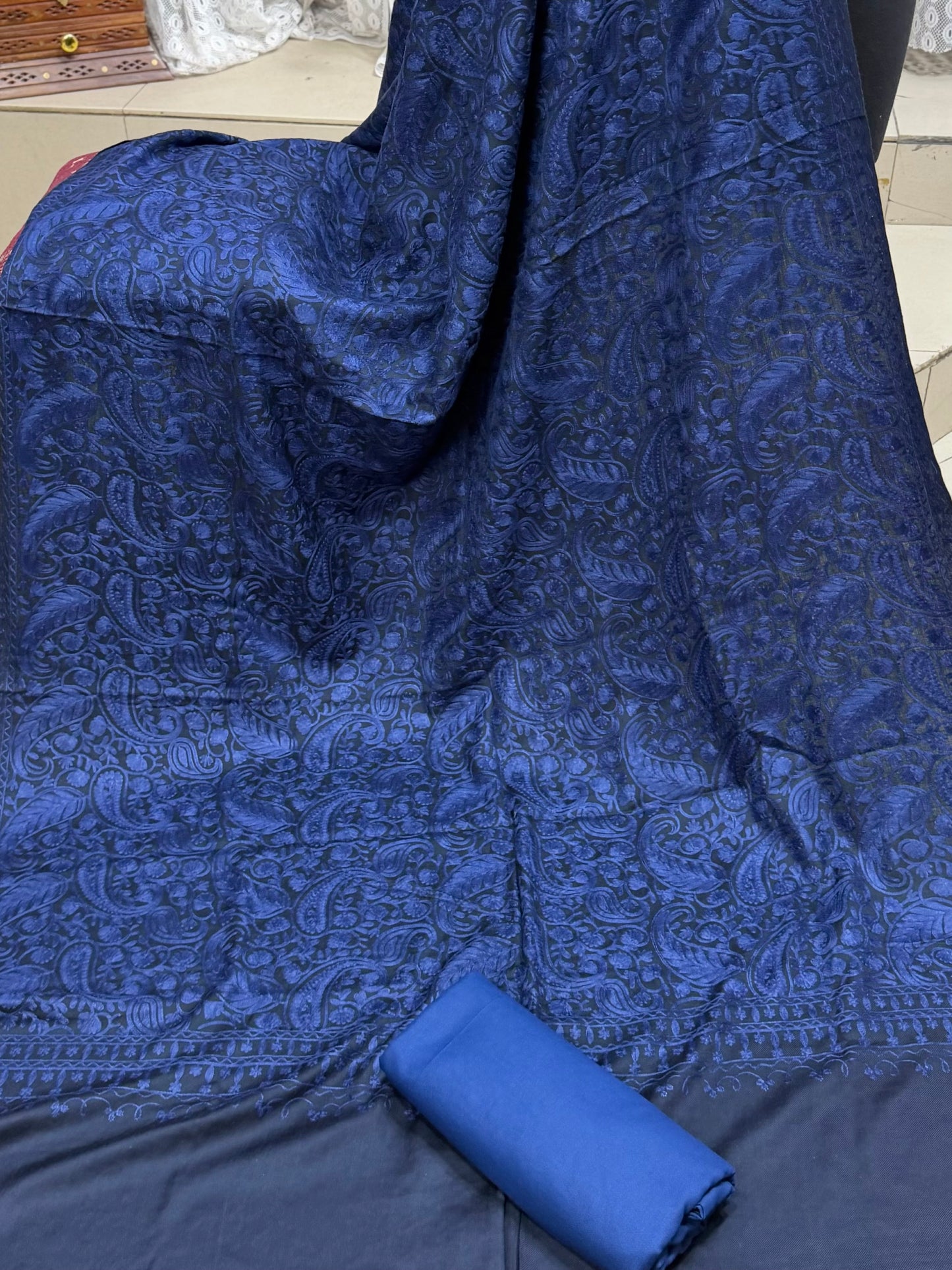 Pashmina 3 Piece Suit | Heavy Embroidered Shawl with Plain Suit Marina | Blue With Blue