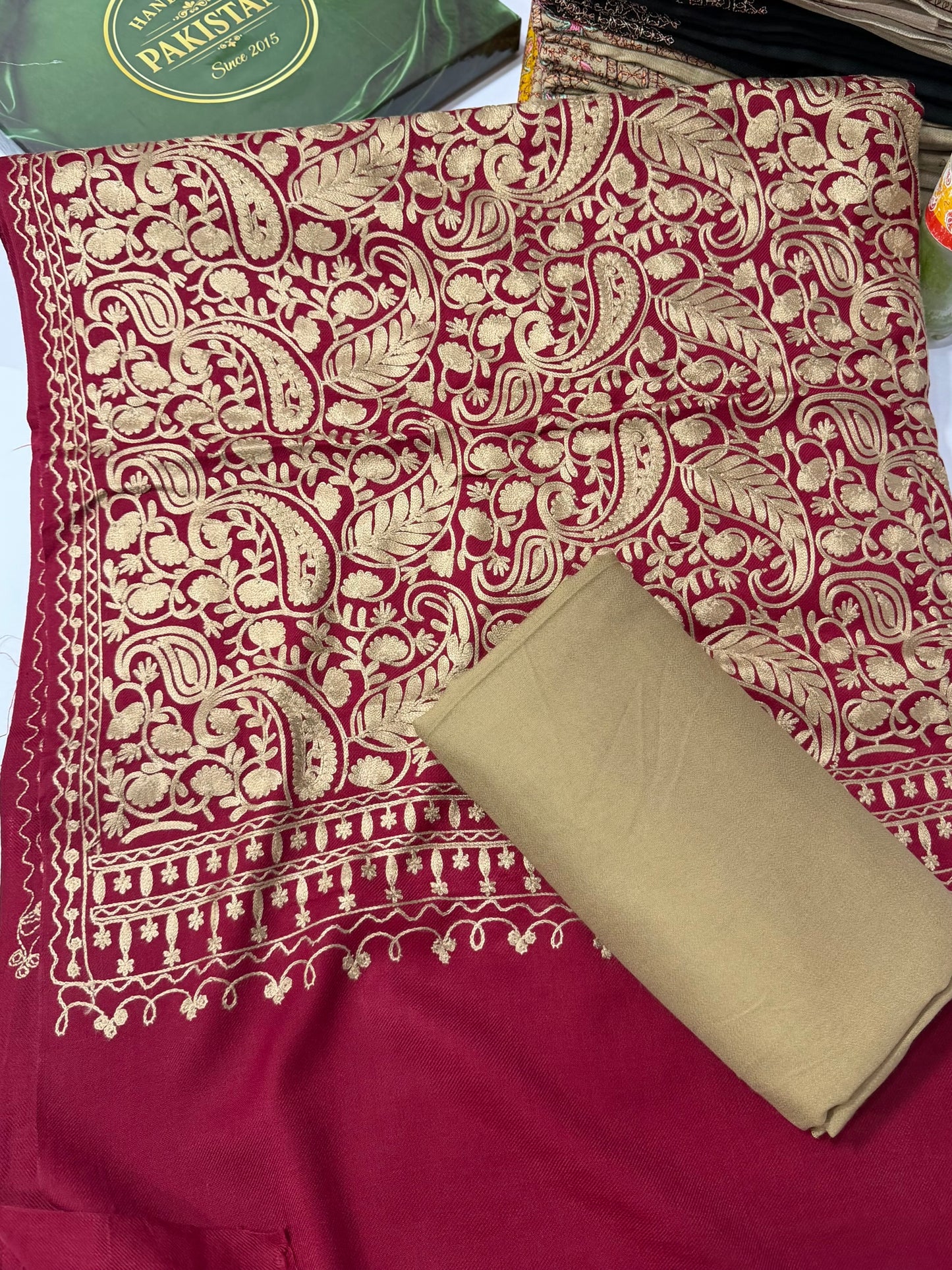 Pashmina 3 Piece Suit | Heavy Embroidered Shawl with Plain Suit Marina | Maroon With Skin