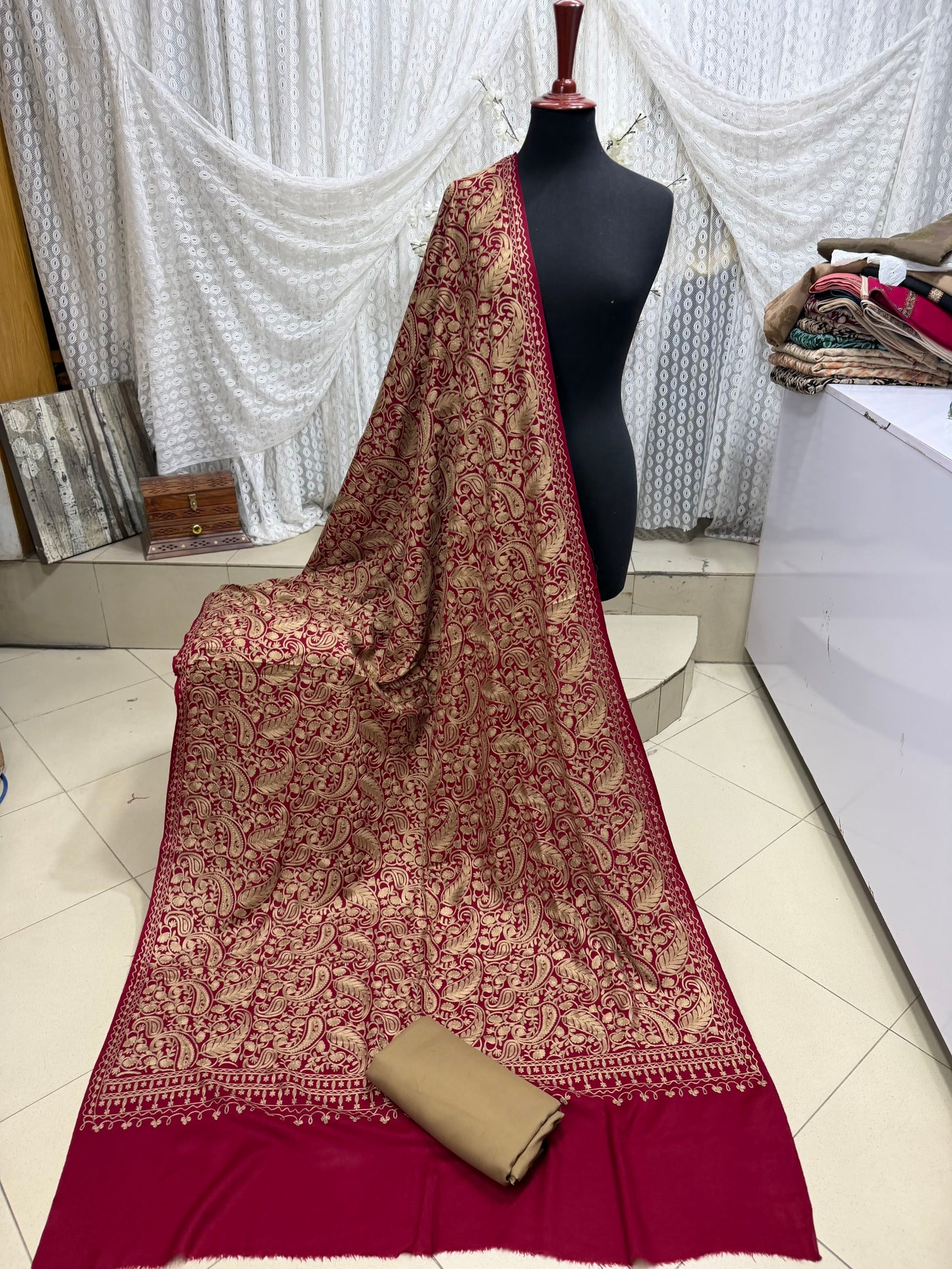 Pashmina 3 Piece Suit | Heavy Embroidered Shawl with Plain Suit Marina | Maroon With Skin