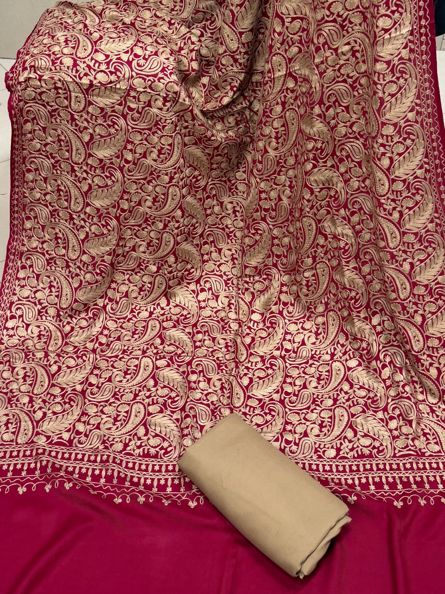 Pashmina 3 Piece Suit | Heavy Embroidered Shawl with Plain Suit Marina | Maroon With Skin