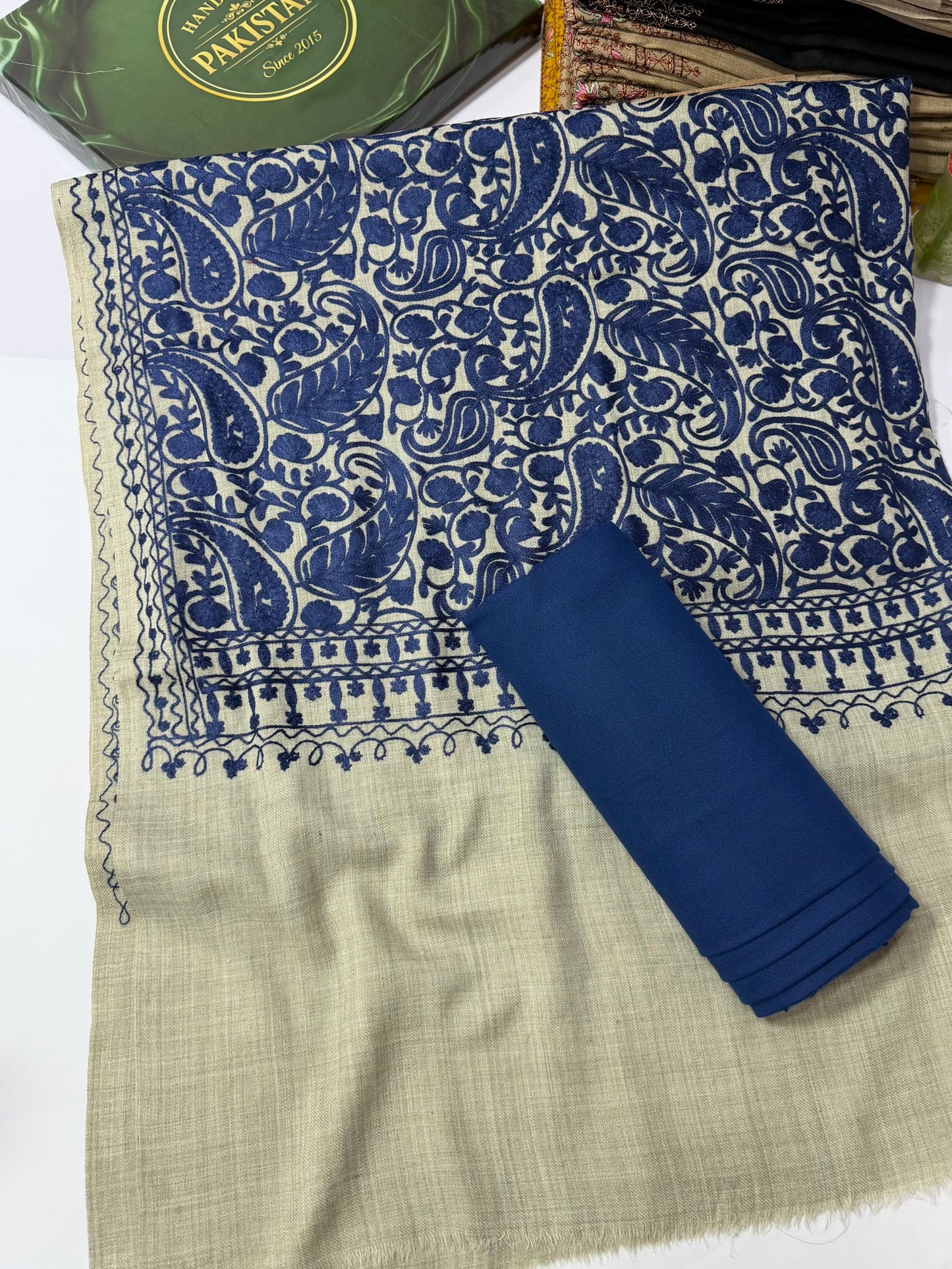 Pashmina 3 Piece Suit | Heavy Embroidered Shawl with Plain Suit Marina | Skin With Blue