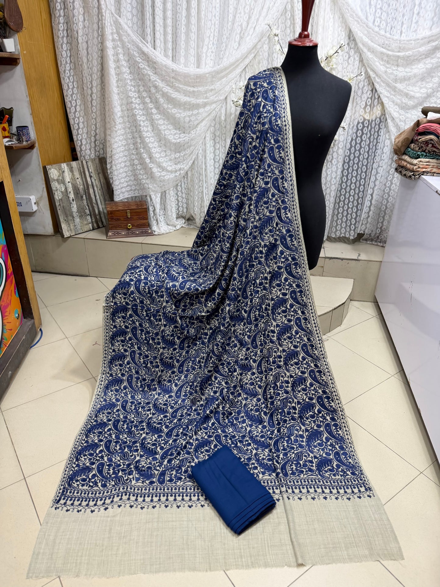 Pashmina 3 Piece Suit | Heavy Embroidered Shawl with Plain Suit Marina | Skin With Blue