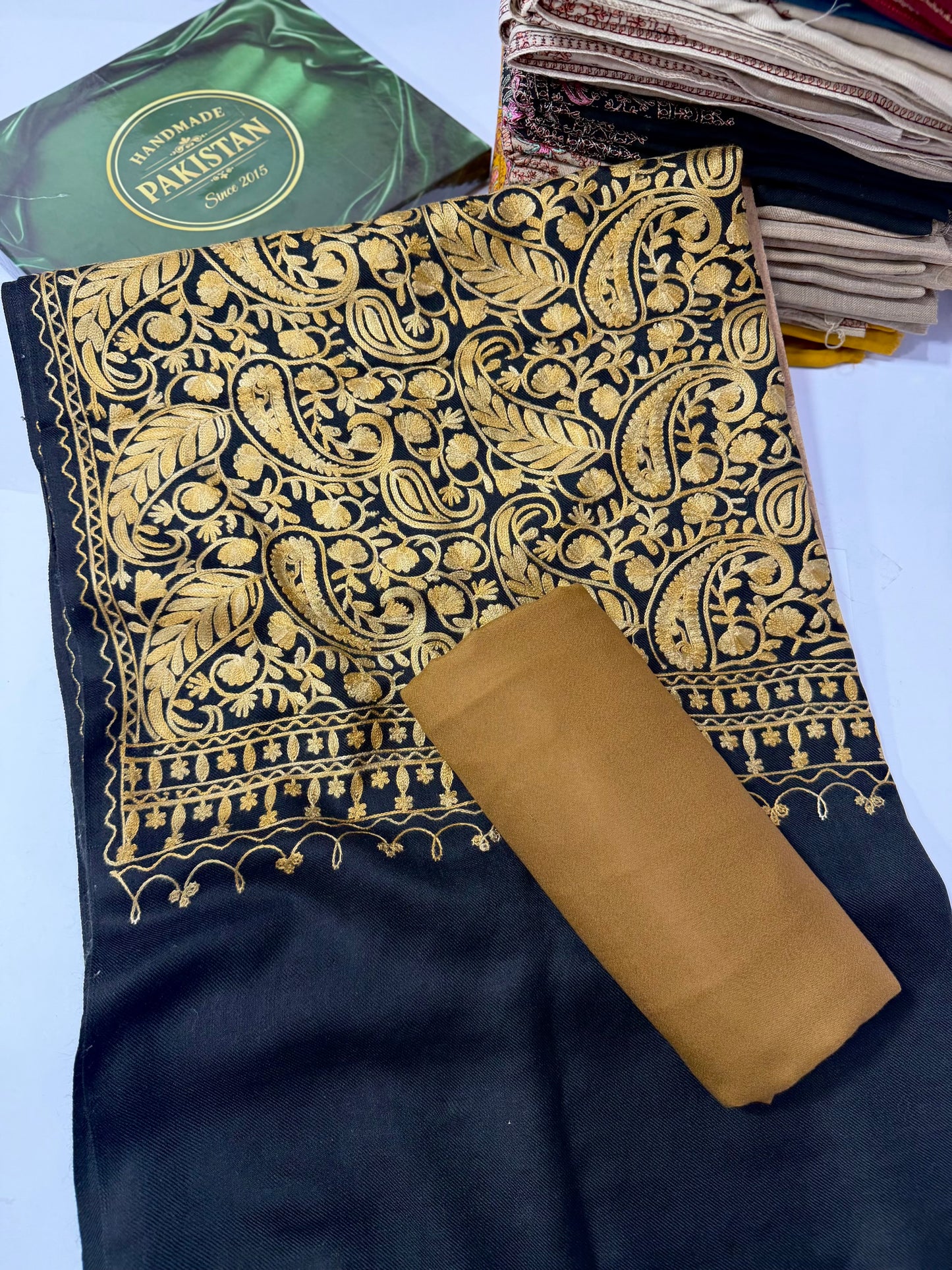 Pashmina 3 Piece Suit | Heavy Embroidered Shawl with Plain Suit Marina | Black With Skin