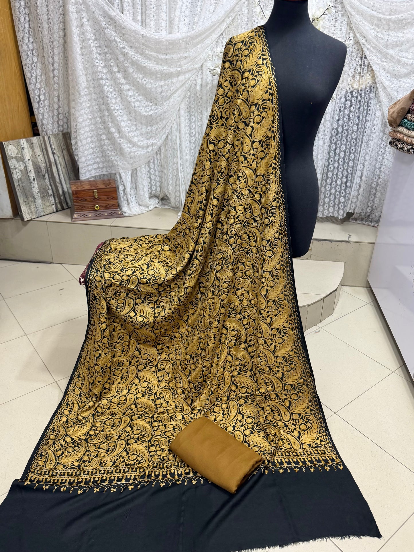 Pashmina 3 Piece Suit | Heavy Embroidered Shawl with Plain Suit Marina | Black With Skin