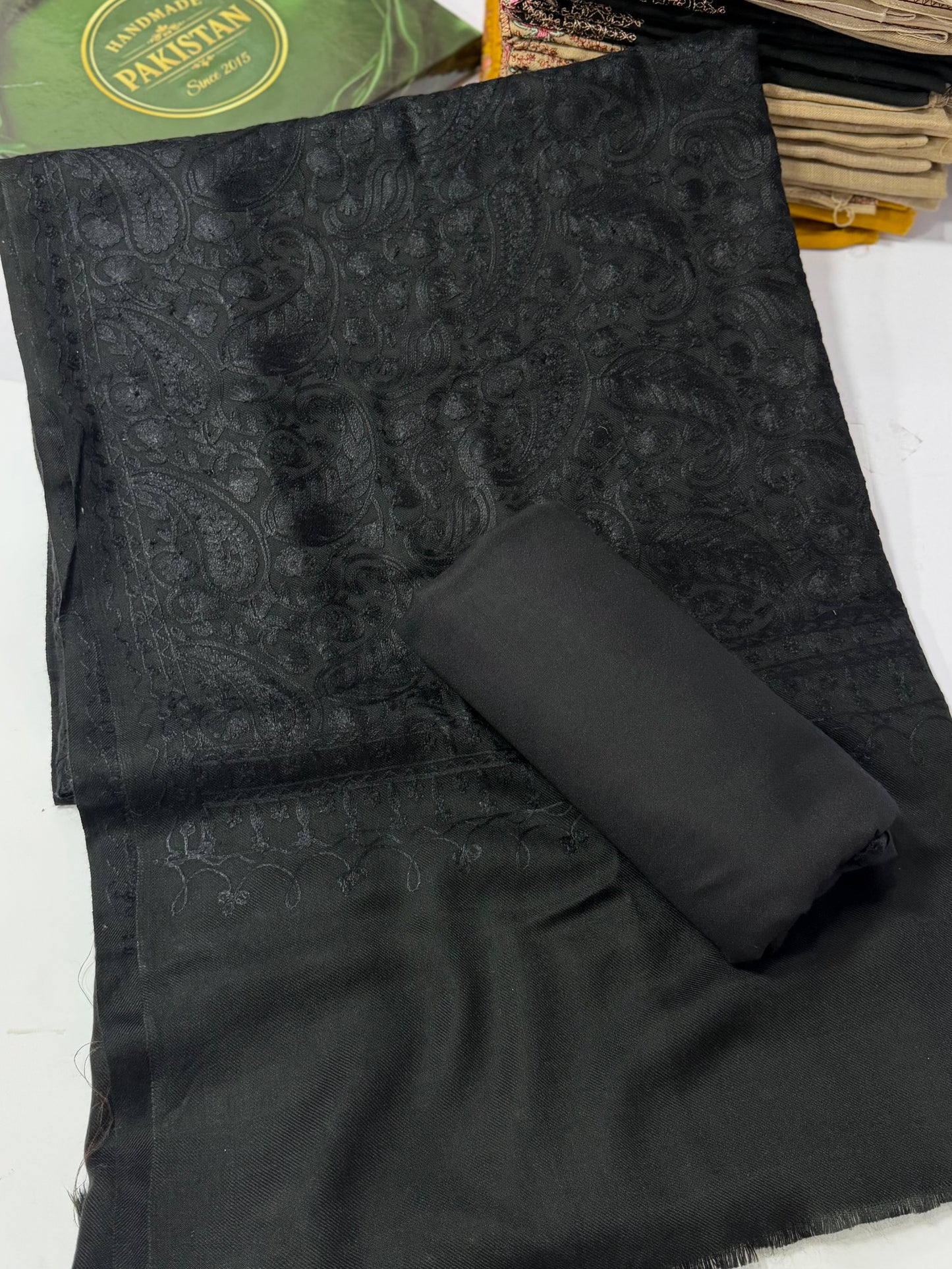 Pashmina 3 Piece Suit | Heavy Embroidered Shawl with Plain Suit Marina | Black With Black