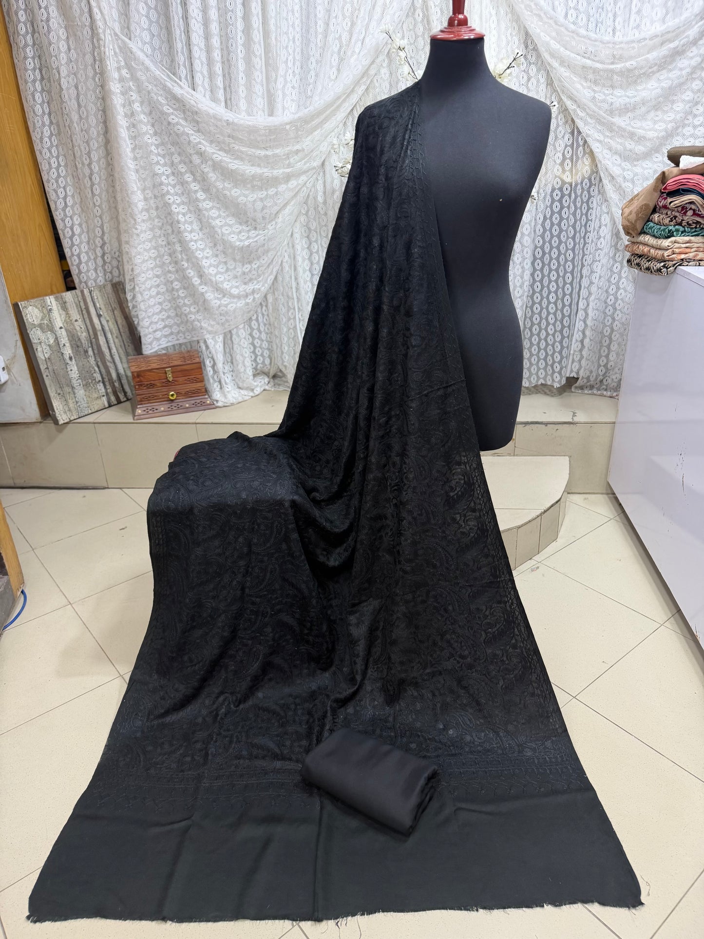 Pashmina 3 Piece Suit | Heavy Embroidered Shawl with Plain Suit Marina | Black With Black