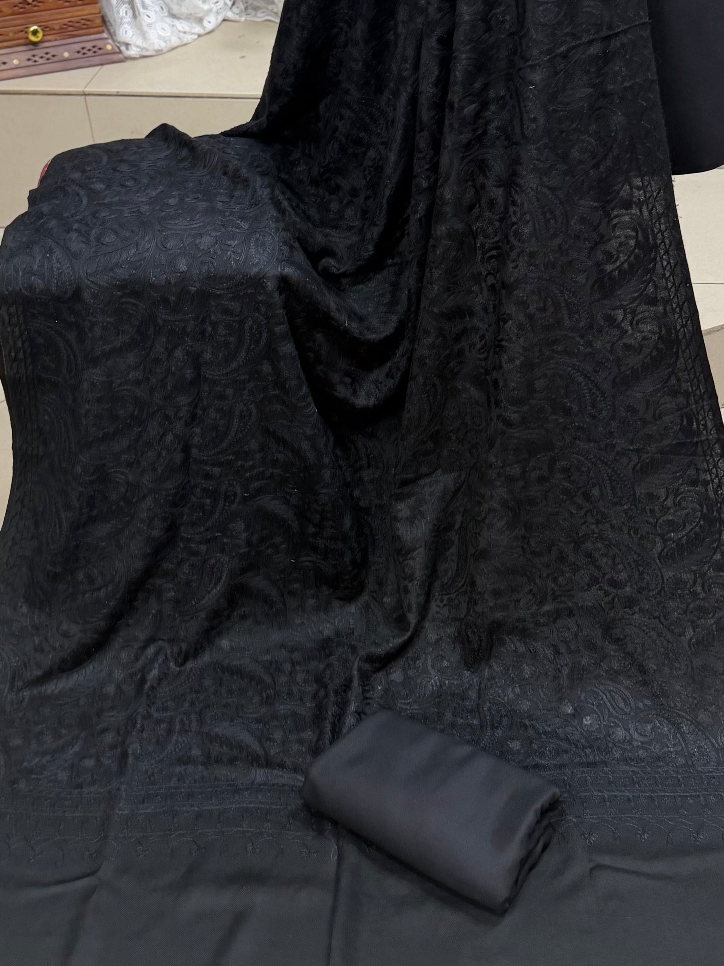 Pashmina 3 Piece Suit | Heavy Embroidered Shawl with Plain Suit Marina | Black With Black