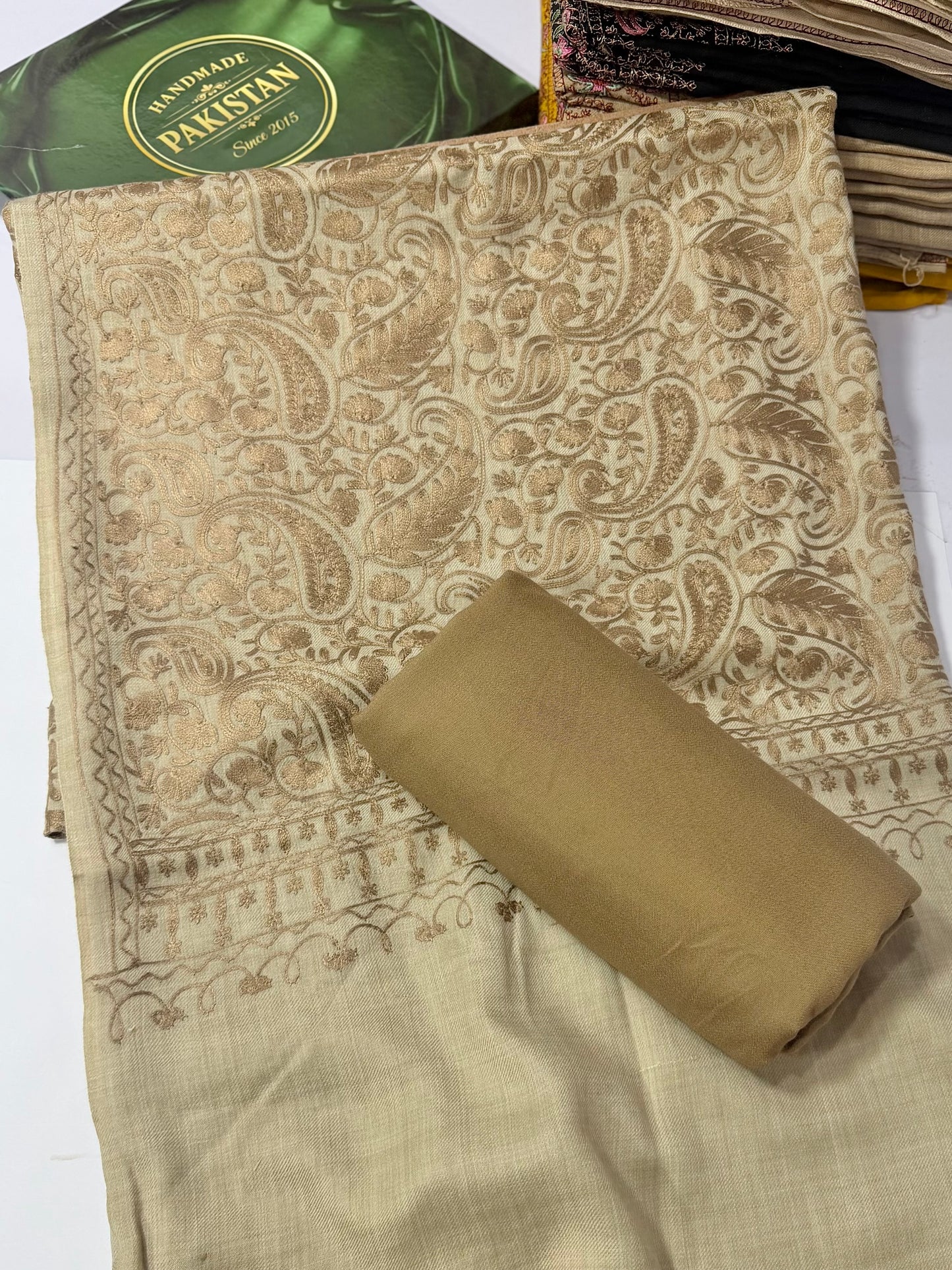 Pashmina 3 Piece Suit | Heavy Embroidered Shawl with Plain Suit Marina | Skin On Skin