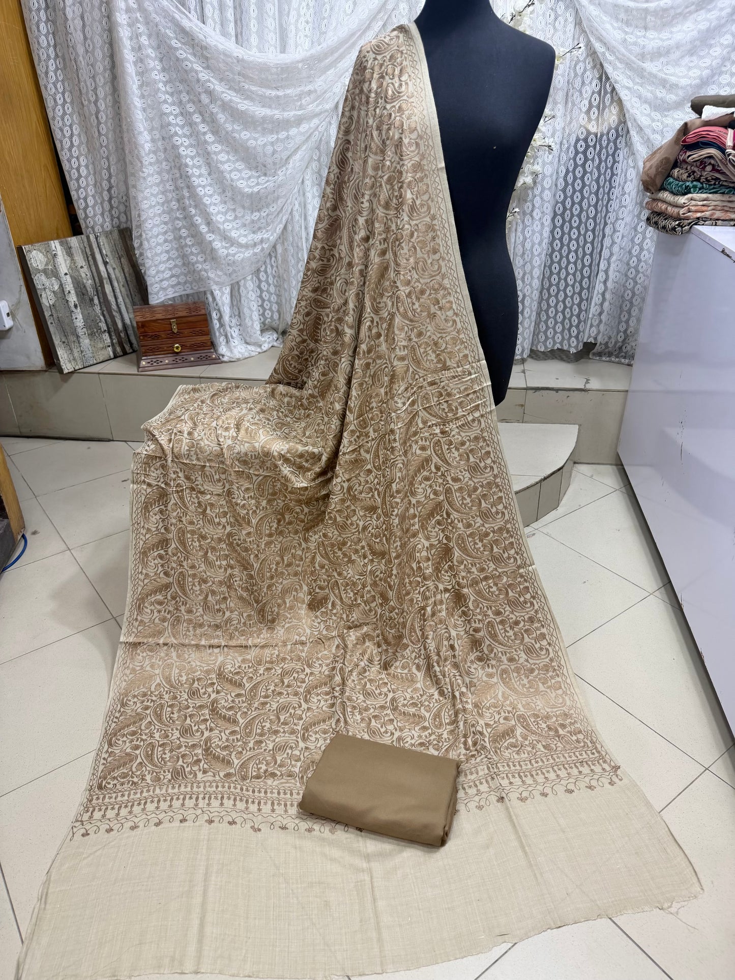 Pashmina 3 Piece Suit | Heavy Embroidered Shawl with Plain Suit Marina | Skin On Skin