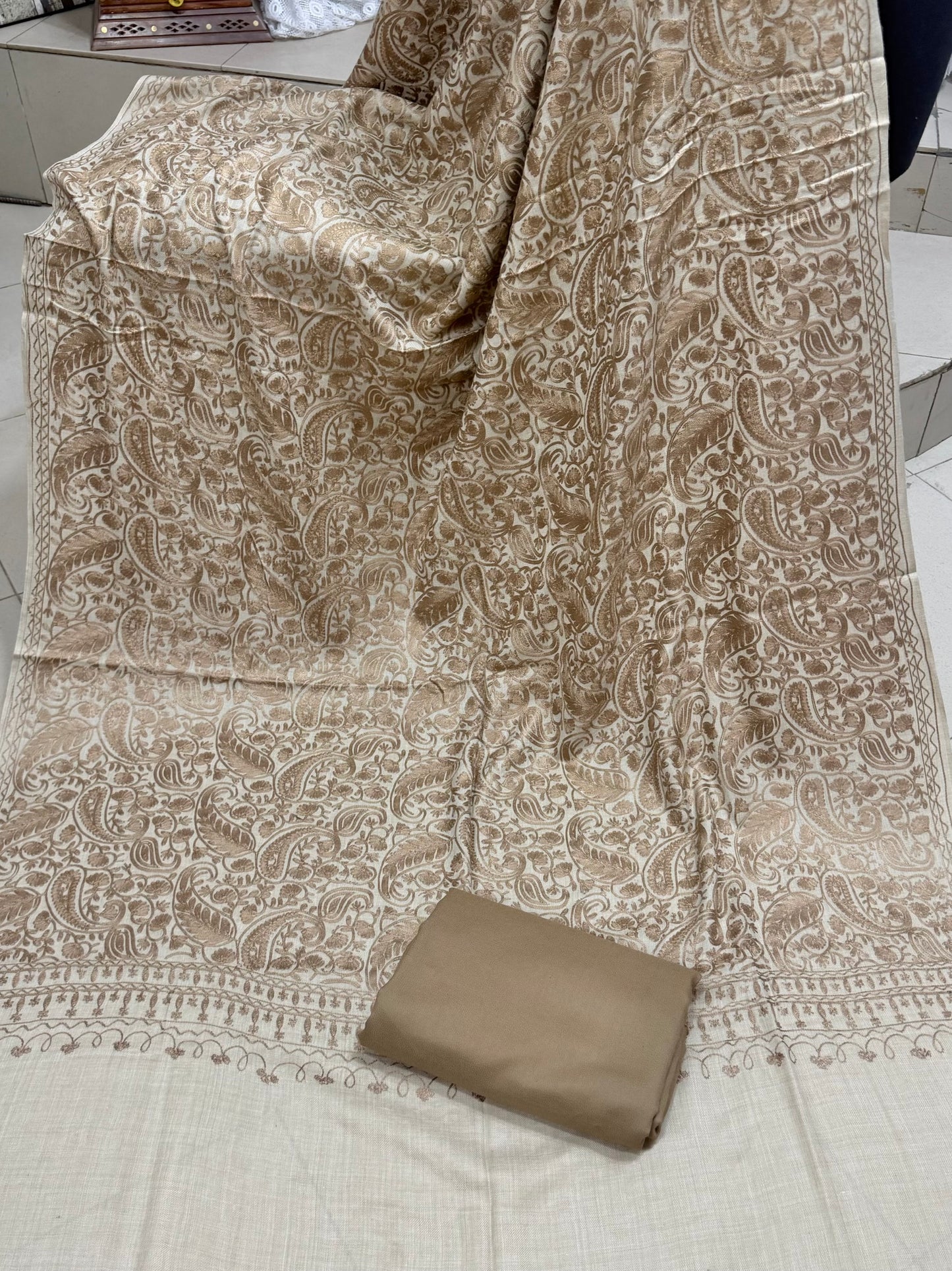 Pashmina 3 Piece Suit | Heavy Embroidered Shawl with Plain Suit Marina | Skin On Skin