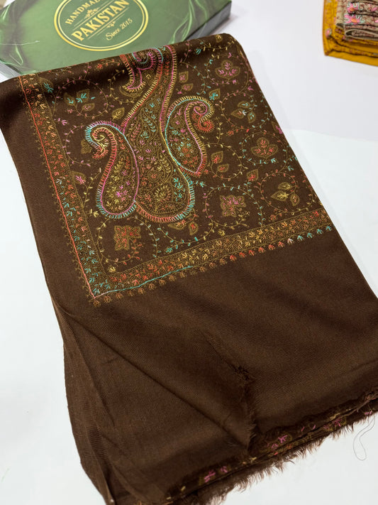 Pashmina Stole | Print and Embroidery in Sale Price Perfect for Gifts | Dark Brown