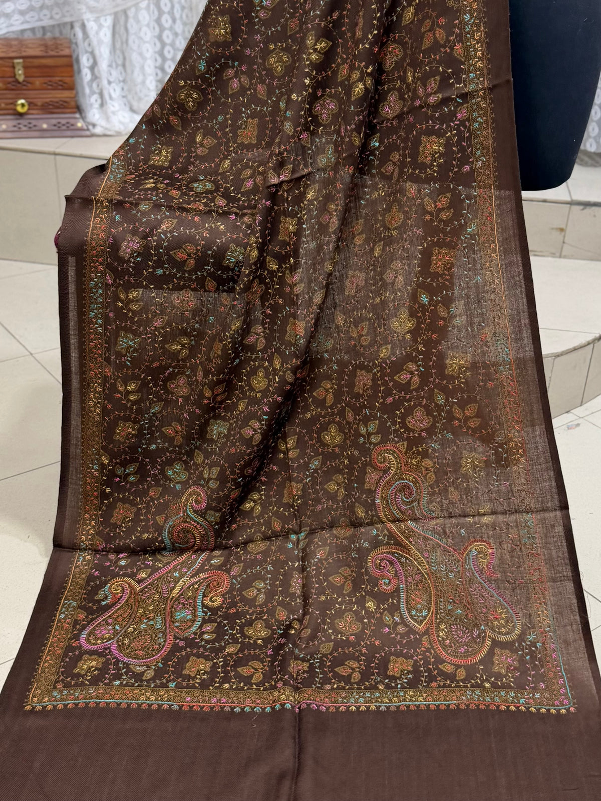Pashmina Stole | Print and Embroidery in Sale Price Perfect for Gifts | Dark Brown