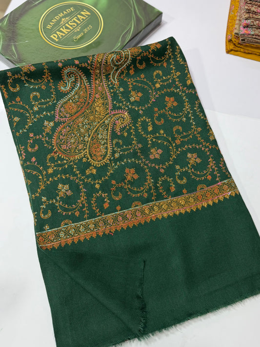 Pashmina Stole | Print and Embroidery in Sale Price Perfect for Gifts | Dark Green