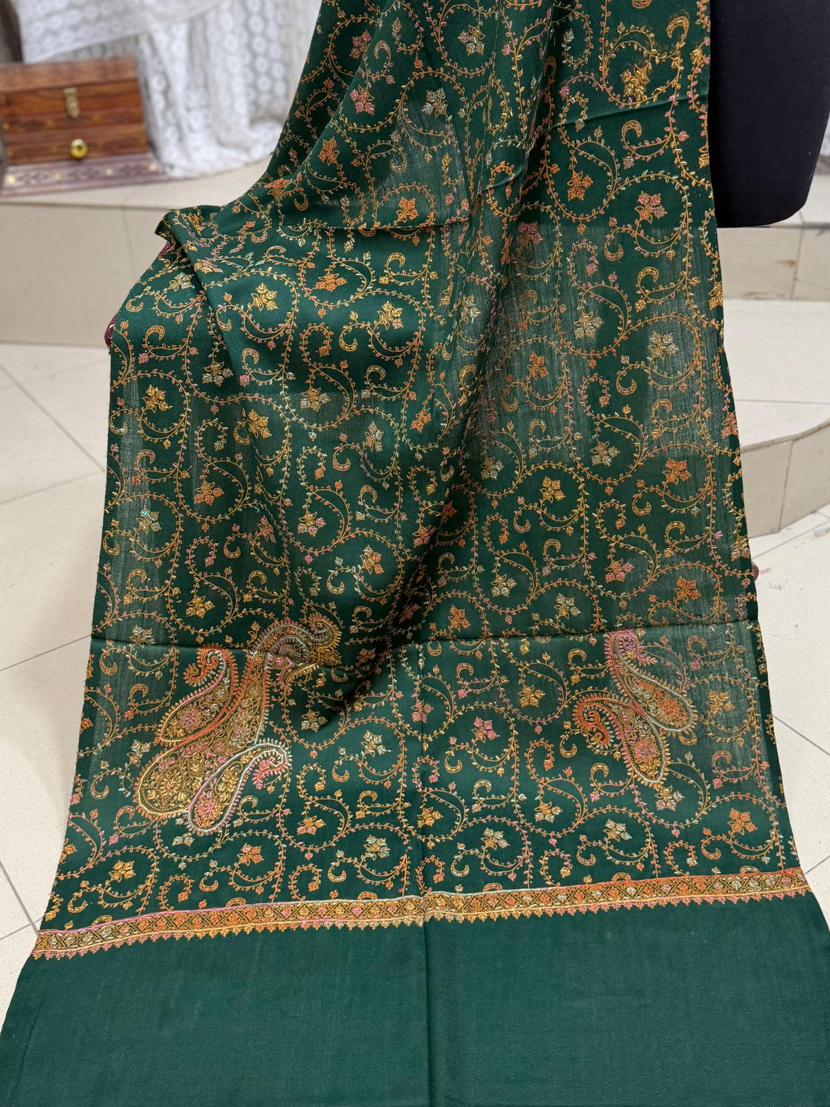 Pashmina Stole | Print and Embroidery in Sale Price Perfect for Gifts | Dark Green