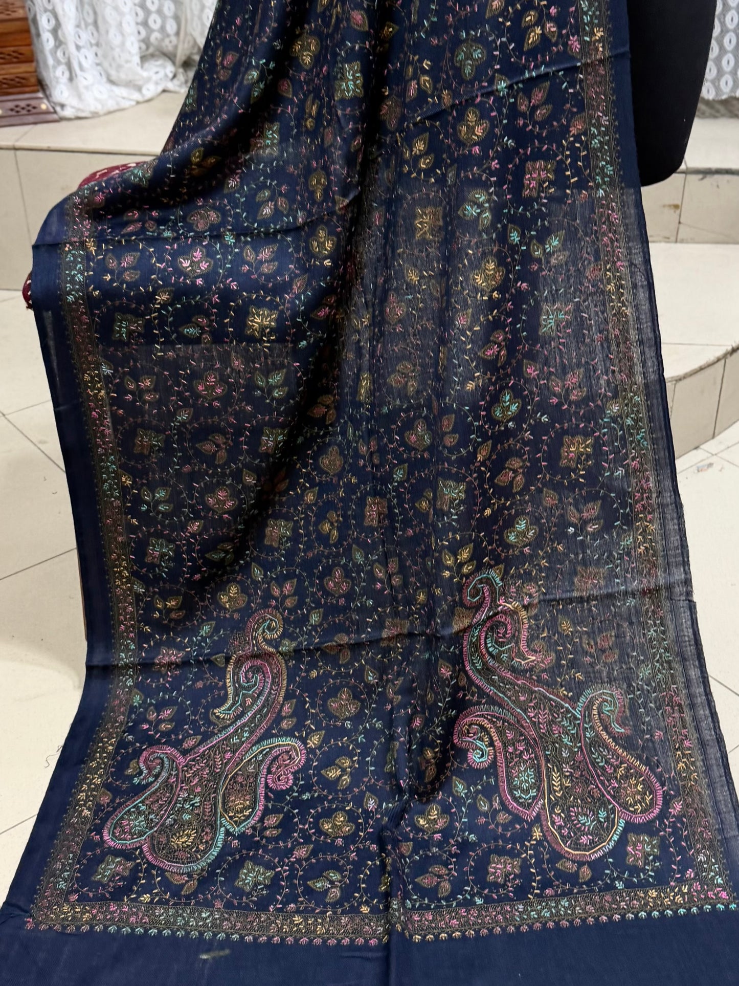 Pashmina Stole | Print and Embroidery in Sale Price Perfect for Gifts | Navy Blue