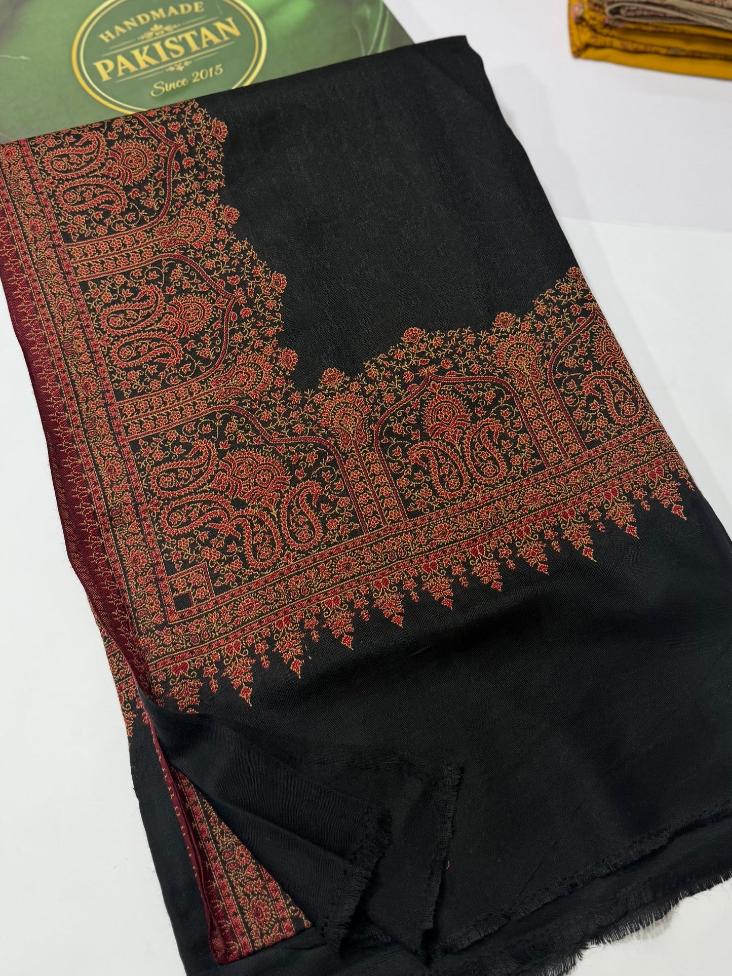 Pashmina Wool Kani Border Shawl in Full Size 4 Side Border | Black